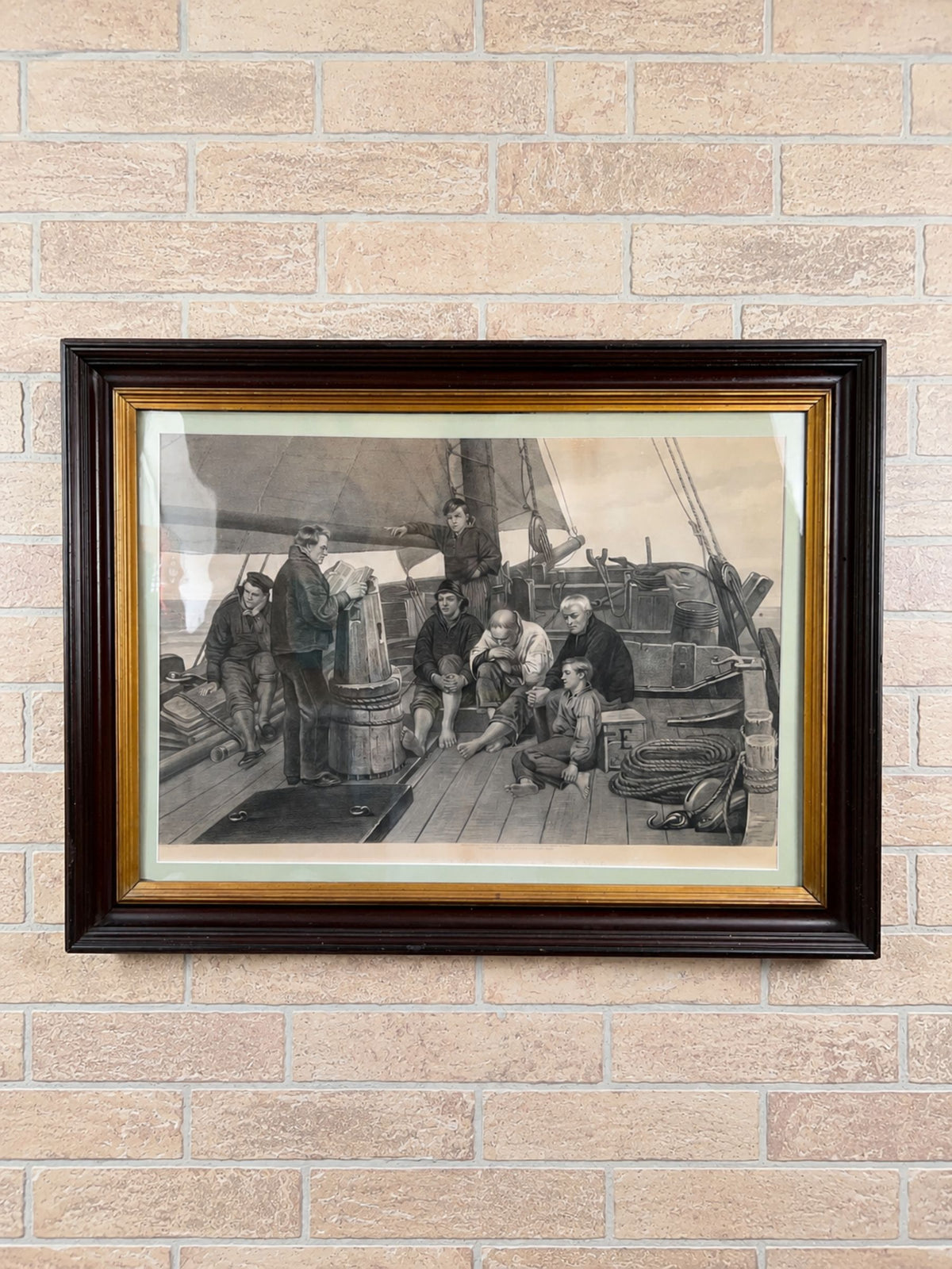 Engraved Print After Henri-Jacques Bource "Sunday at Sea" in Original Frame