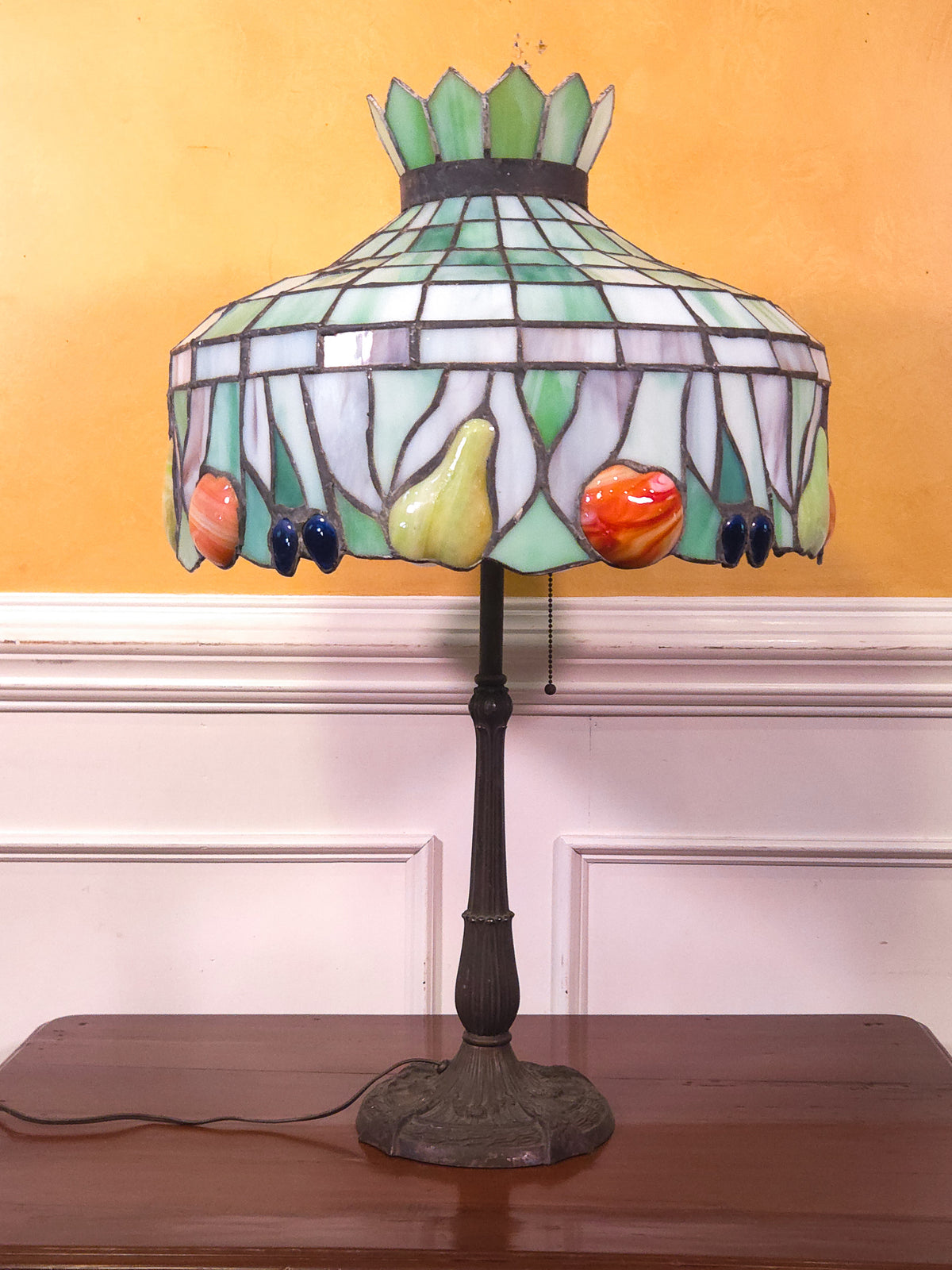 Large Tiffany-Style Slag Glass Fruit Motif Table Lamp by Miller Lamp Co.