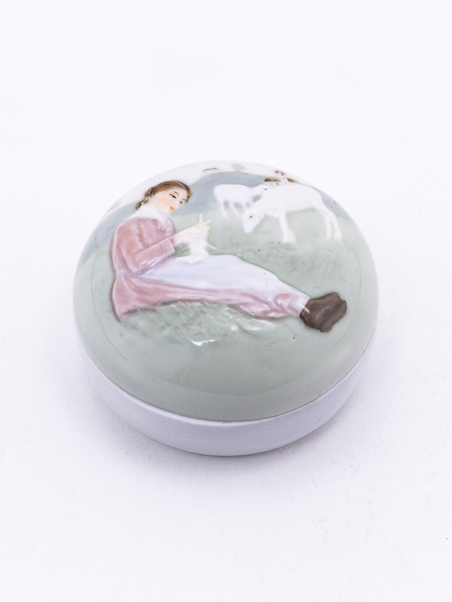 Antique Karl Ens Porcelain Trinket Box with Pastoral Scene, Circa 1900–1919
