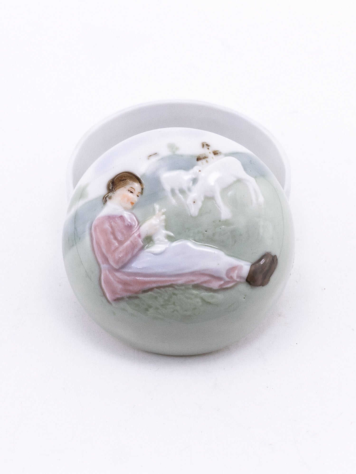 Antique Karl Ens Porcelain Trinket Box with Pastoral Scene, Circa 1900–1919