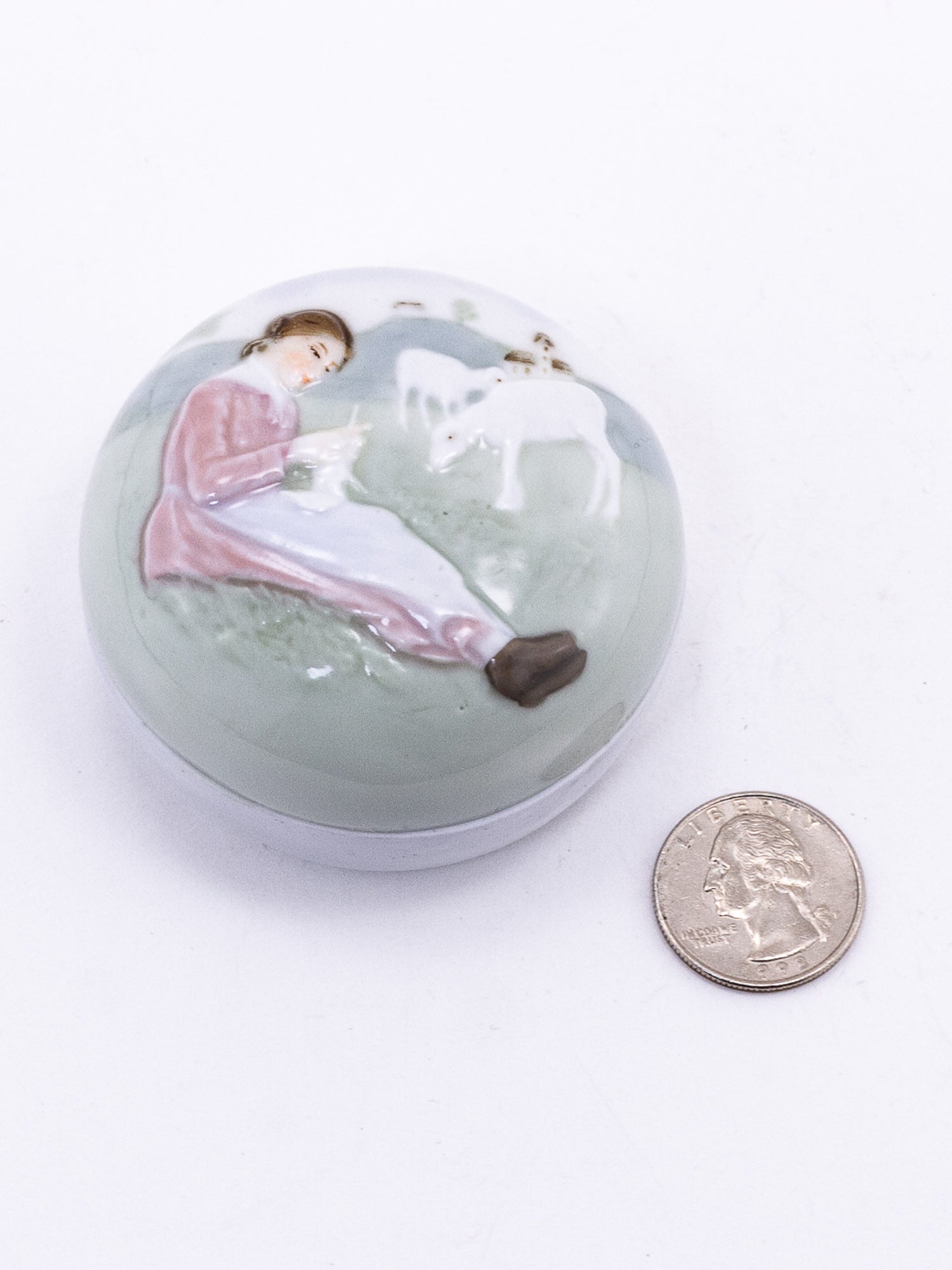 Antique Karl Ens Porcelain Trinket Box with Pastoral Scene, Circa 1900–1919