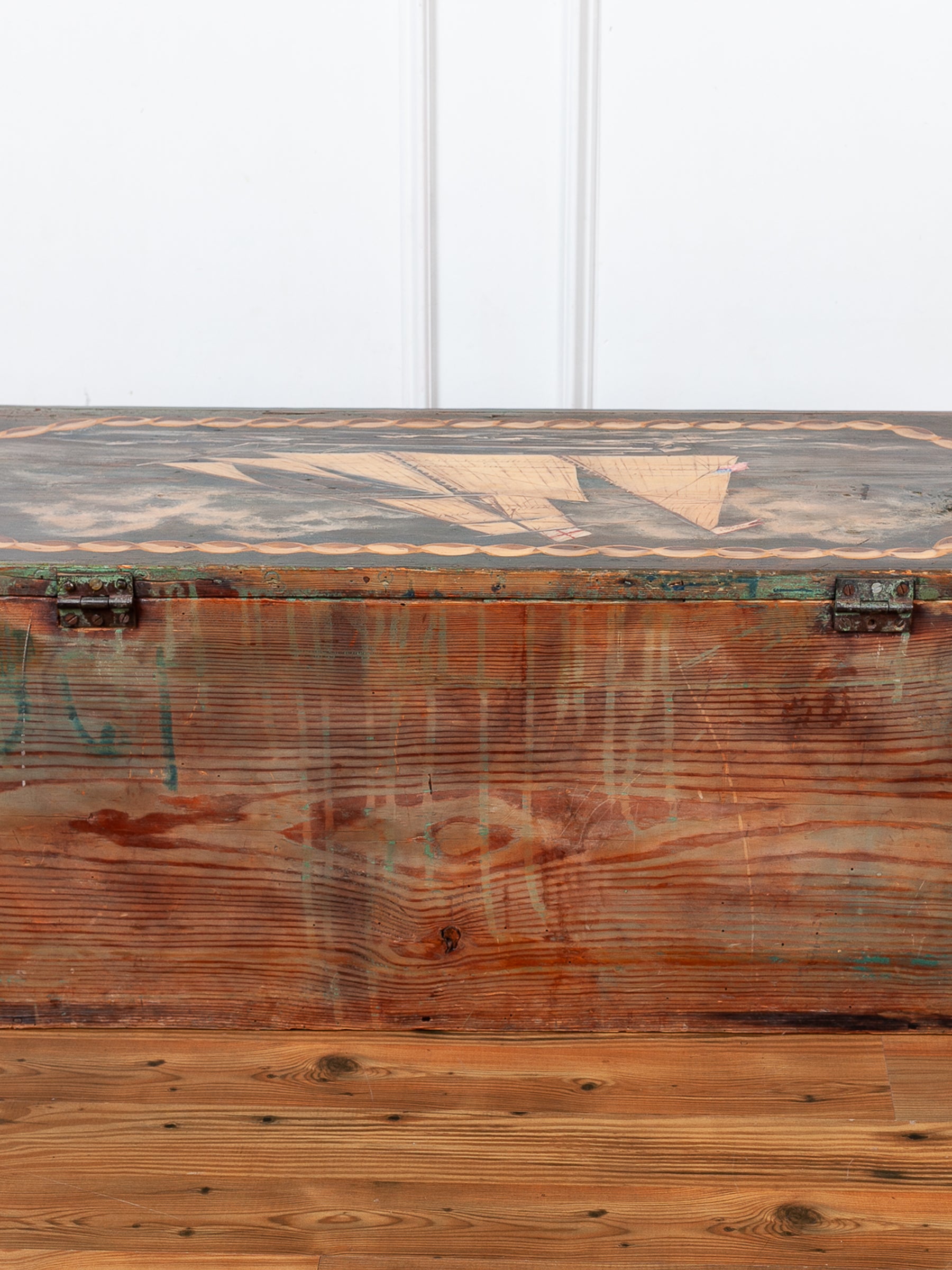 Painted Pine Folk Art Ship Chest Depicting the H.H. Cole, 1843