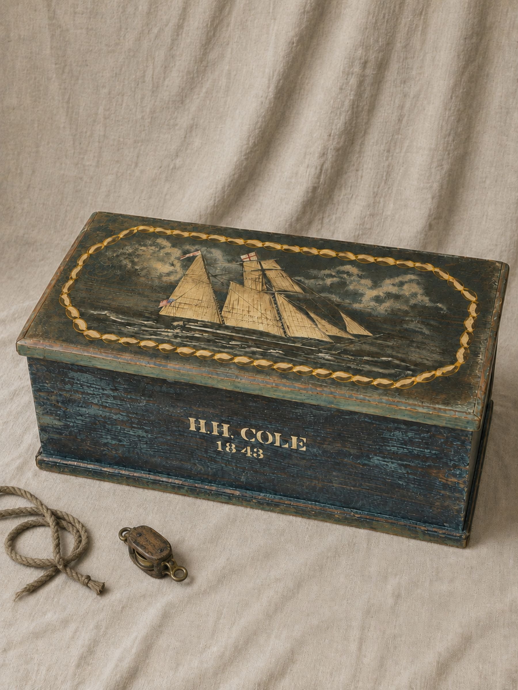 A wooden sailors trunk with a hand-painted sailing ship design on the lid and 'H.H.COLE 1843' on the front