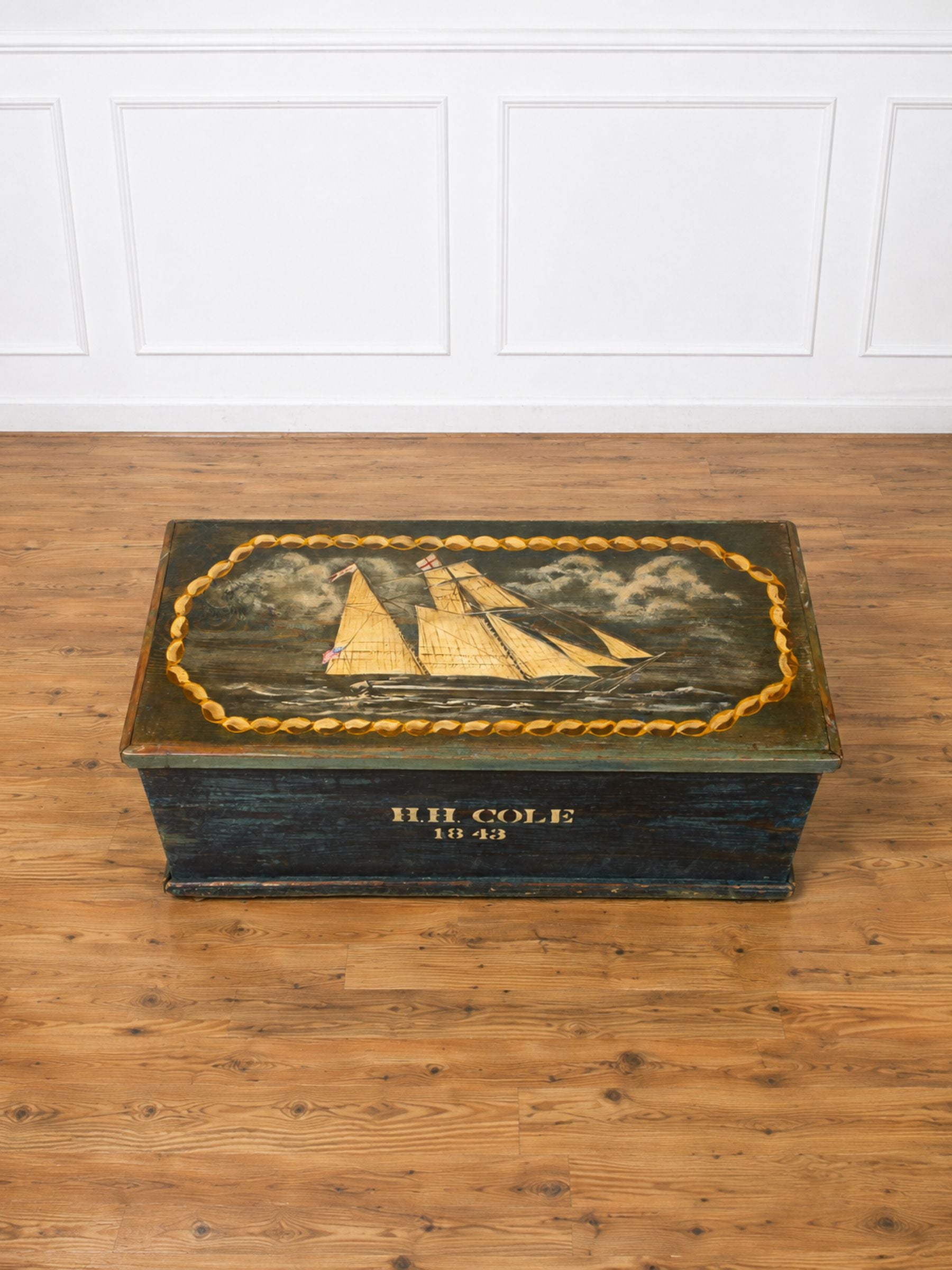 Painted Pine Folk Art Ship Chest Depicting the H.H. Cole, 1843