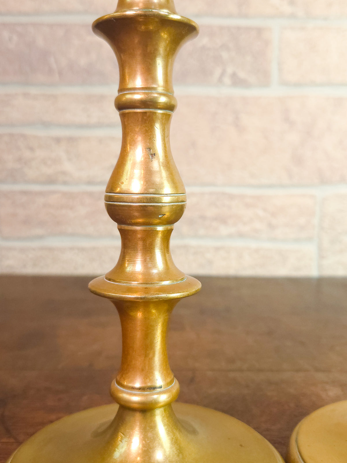 Pair of Antique Victorian Solid Brass Candlesticks with Turned Baluster Stems