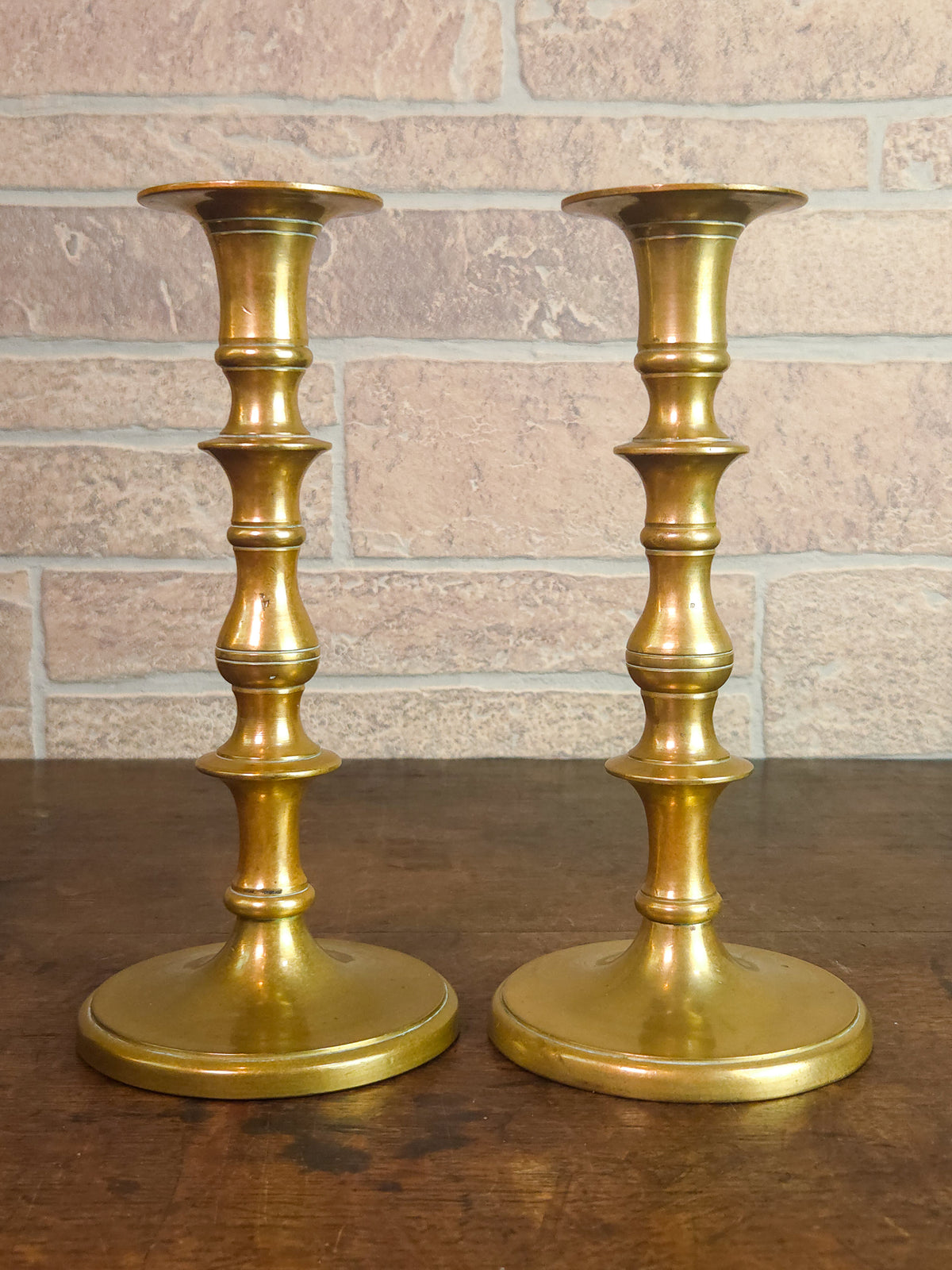 Pair of Antique Victorian Solid Brass Candlesticks with Turned Baluster Stems