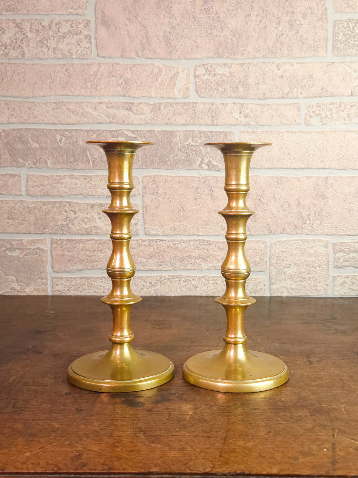 Pair of Antique Victorian Solid Brass Candlesticks with Turned Baluster Stems