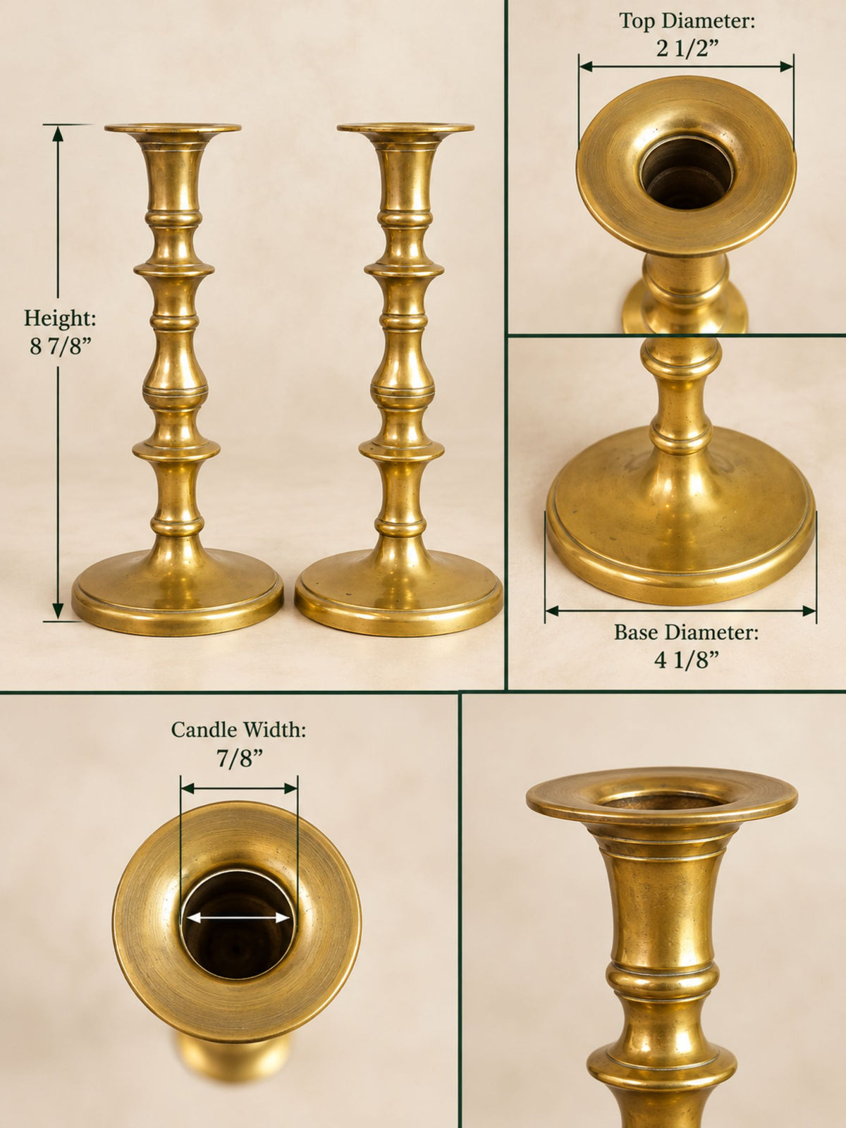 Pair of Antique Victorian Solid Brass Candlesticks with Turned Baluster Stems