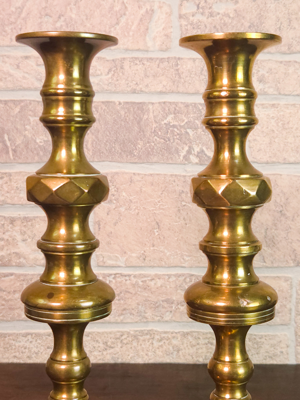 Pair of 19th Century Victorian Heavy Brass Candlesticks with Faceted Square Bases