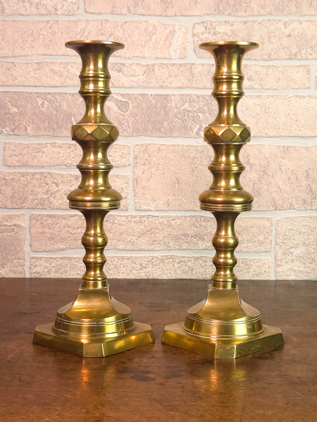 Pair of 19th Century Victorian Heavy Brass Candlesticks with Faceted Square Bases