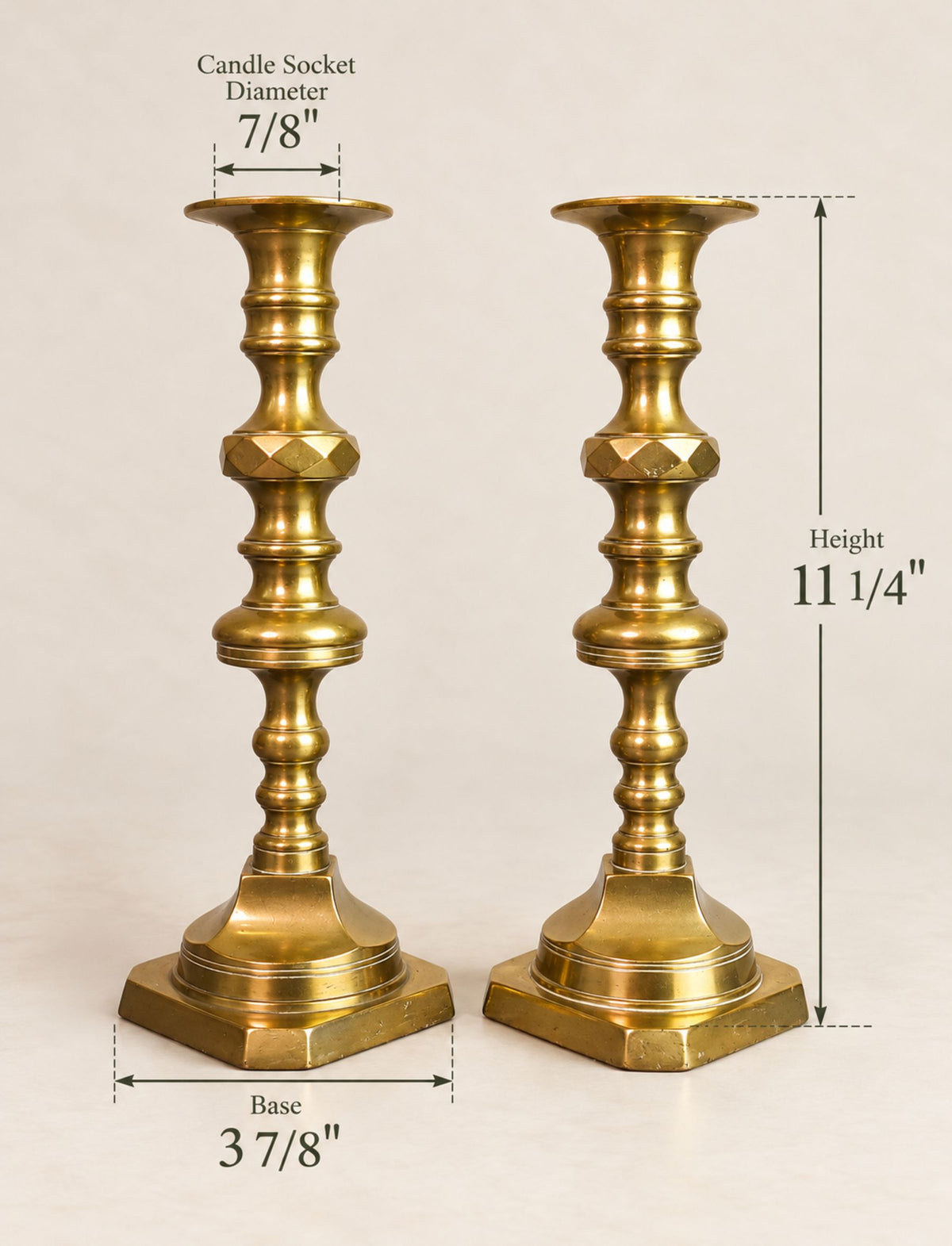 Pair of 19th Century Victorian Heavy Brass Candlesticks with Faceted Square Bases