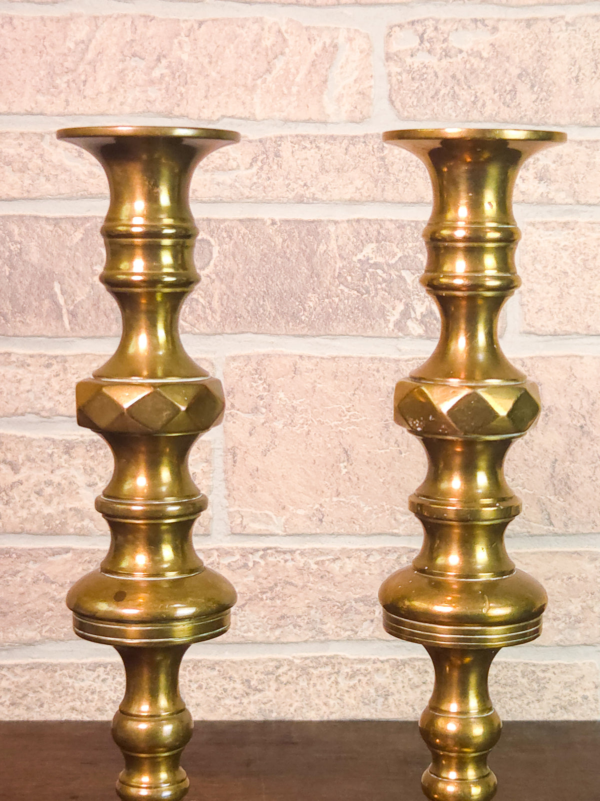 Pair of 19th Century Victorian Heavy Brass Candlesticks with Faceted Square Bases