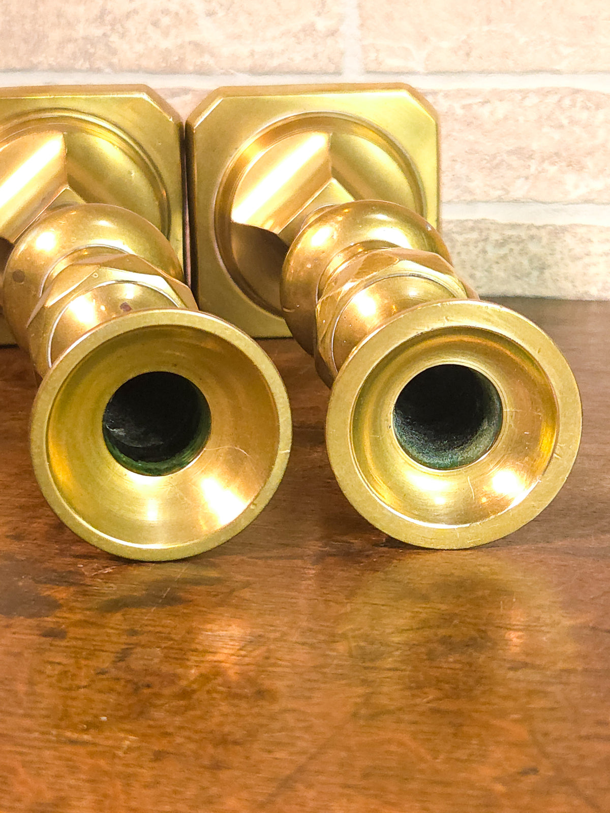 Pair of 19th Century Victorian Heavy Brass Candlesticks with Faceted Square Bases