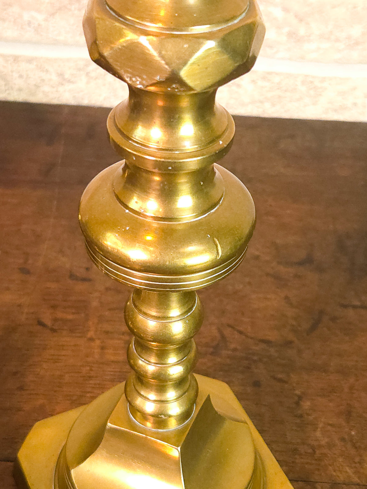 Pair of 19th Century Victorian Heavy Brass Candlesticks with Faceted Square Bases