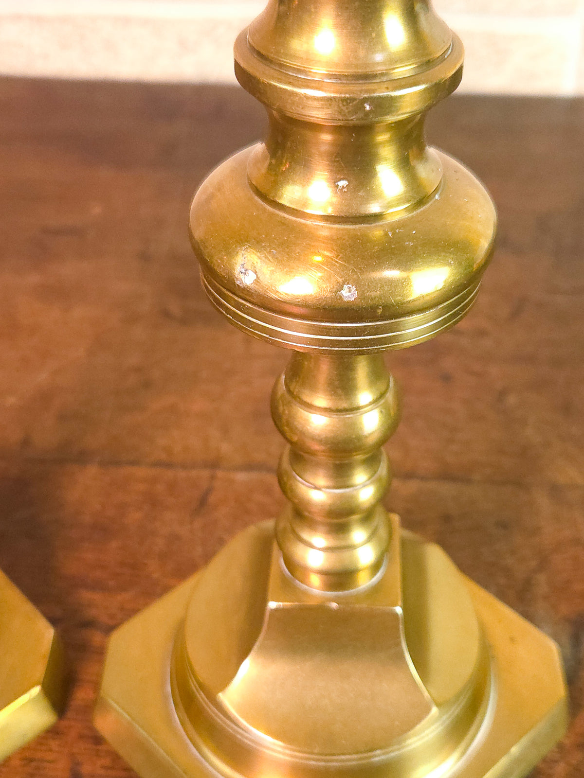 Pair of 19th Century Victorian Heavy Brass Candlesticks with Faceted Square Bases