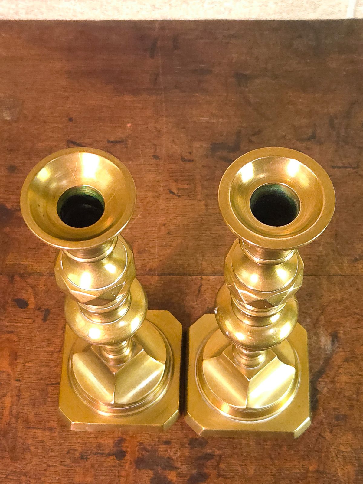 Pair of 19th Century Victorian Heavy Brass Candlesticks with Faceted Square Bases