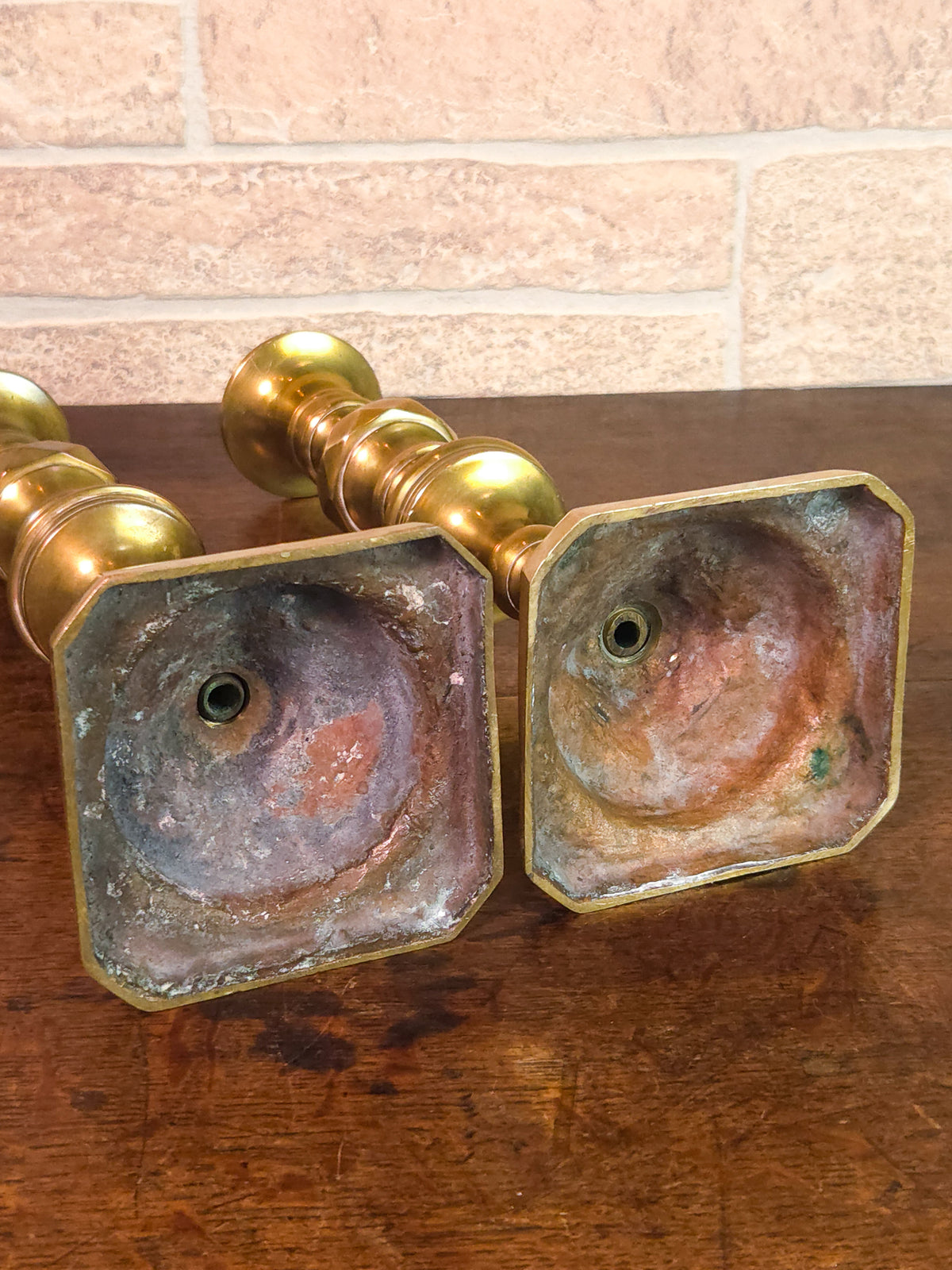 Pair of 19th Century Victorian Heavy Brass Candlesticks with Faceted Square Bases