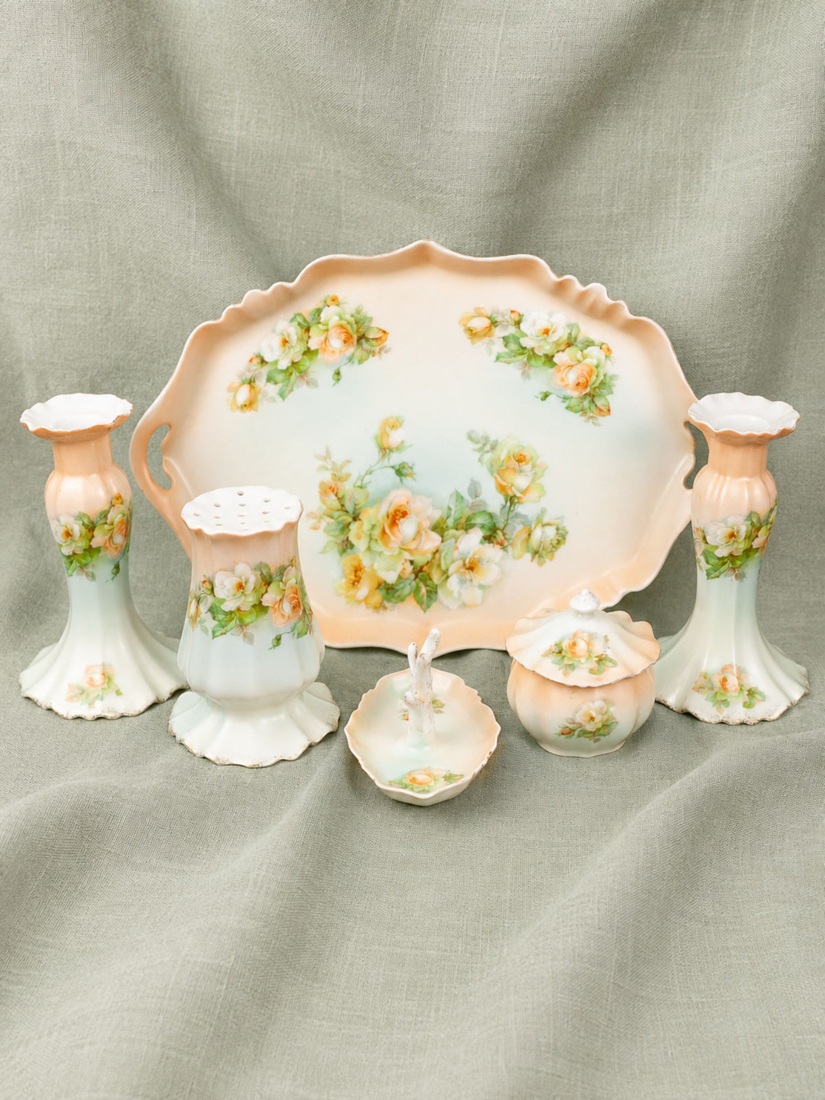 Victorian Art Nouveau Seven-Piece Porcelain Vanity Set