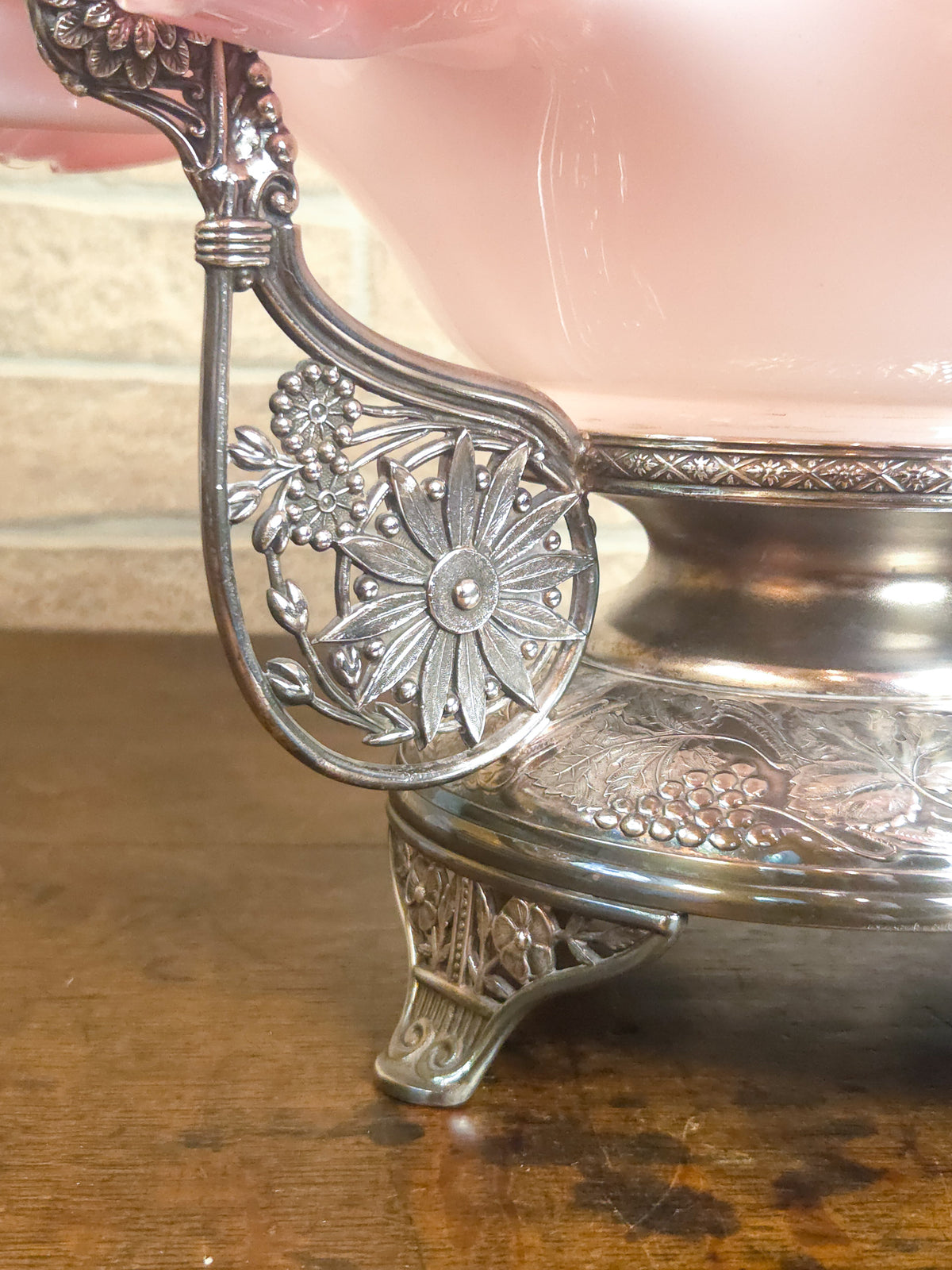 Victorian Pink & White Ruffled Art Glass Bridal Basket with Pairpoint Silver-Plated Stand