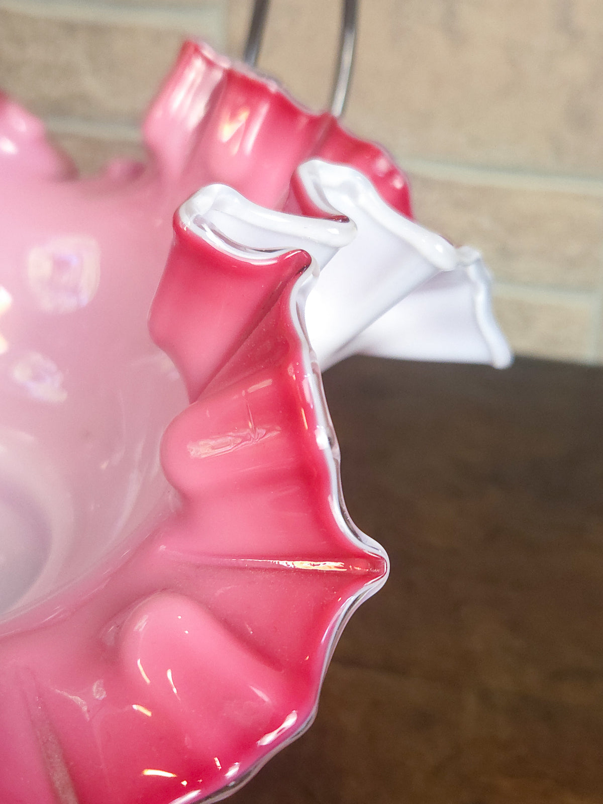 Victorian Pink & White Ruffled Art Glass Bridal Basket with Pairpoint Silver-Plated Stand