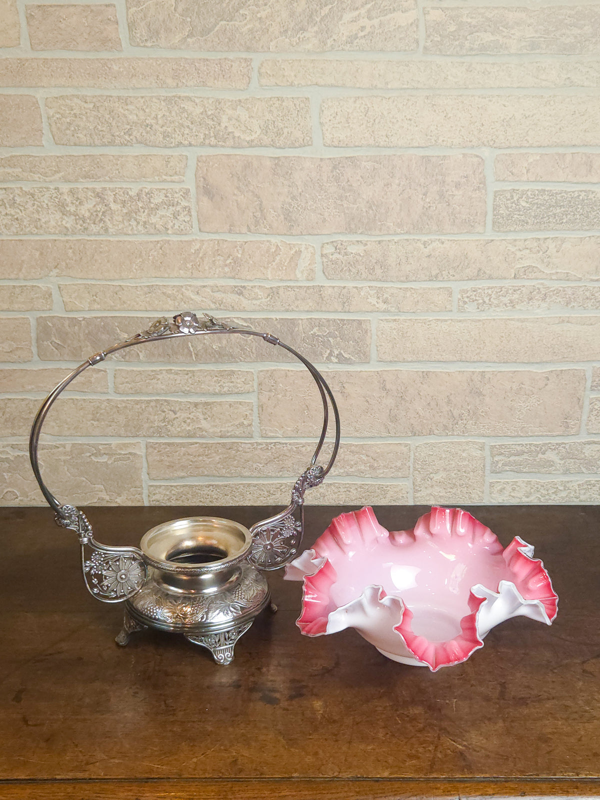Victorian Pink & White Ruffled Art Glass Bridal Basket with Pairpoint Silver-Plated Stand