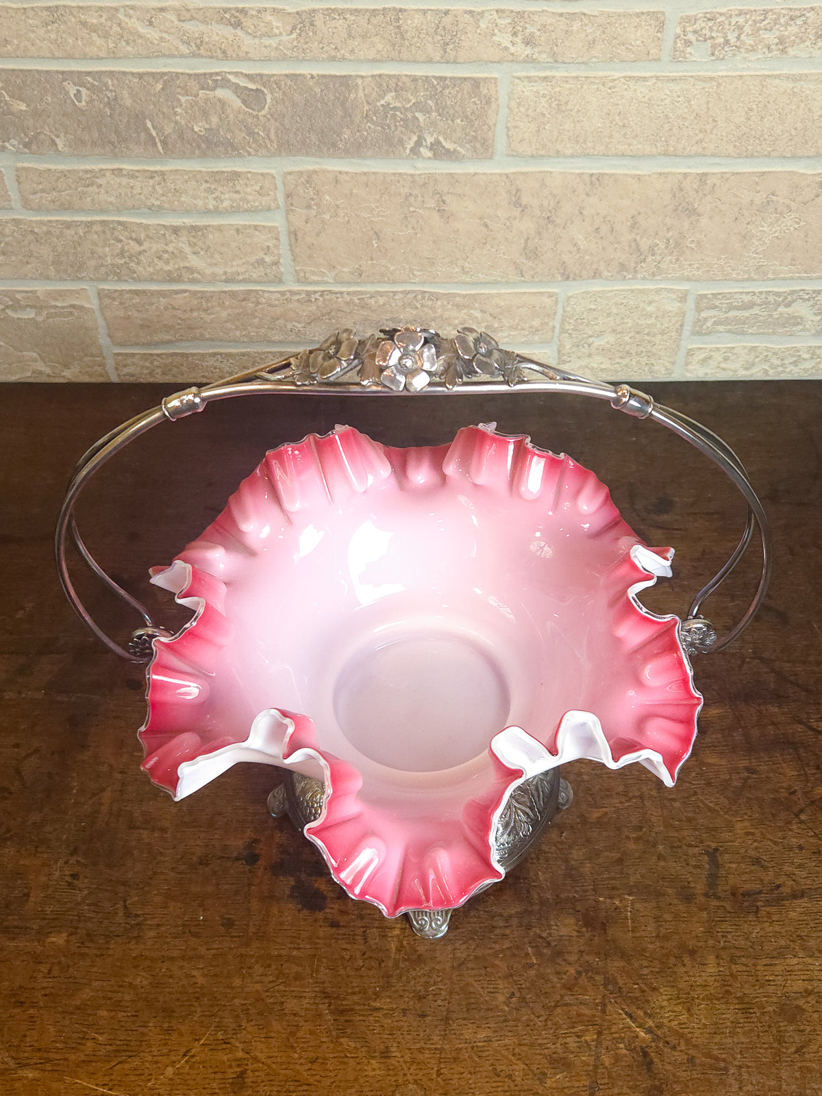 Victorian Pink & White Ruffled Art Glass Bridal Basket with Pairpoint Silver-Plated Stand
