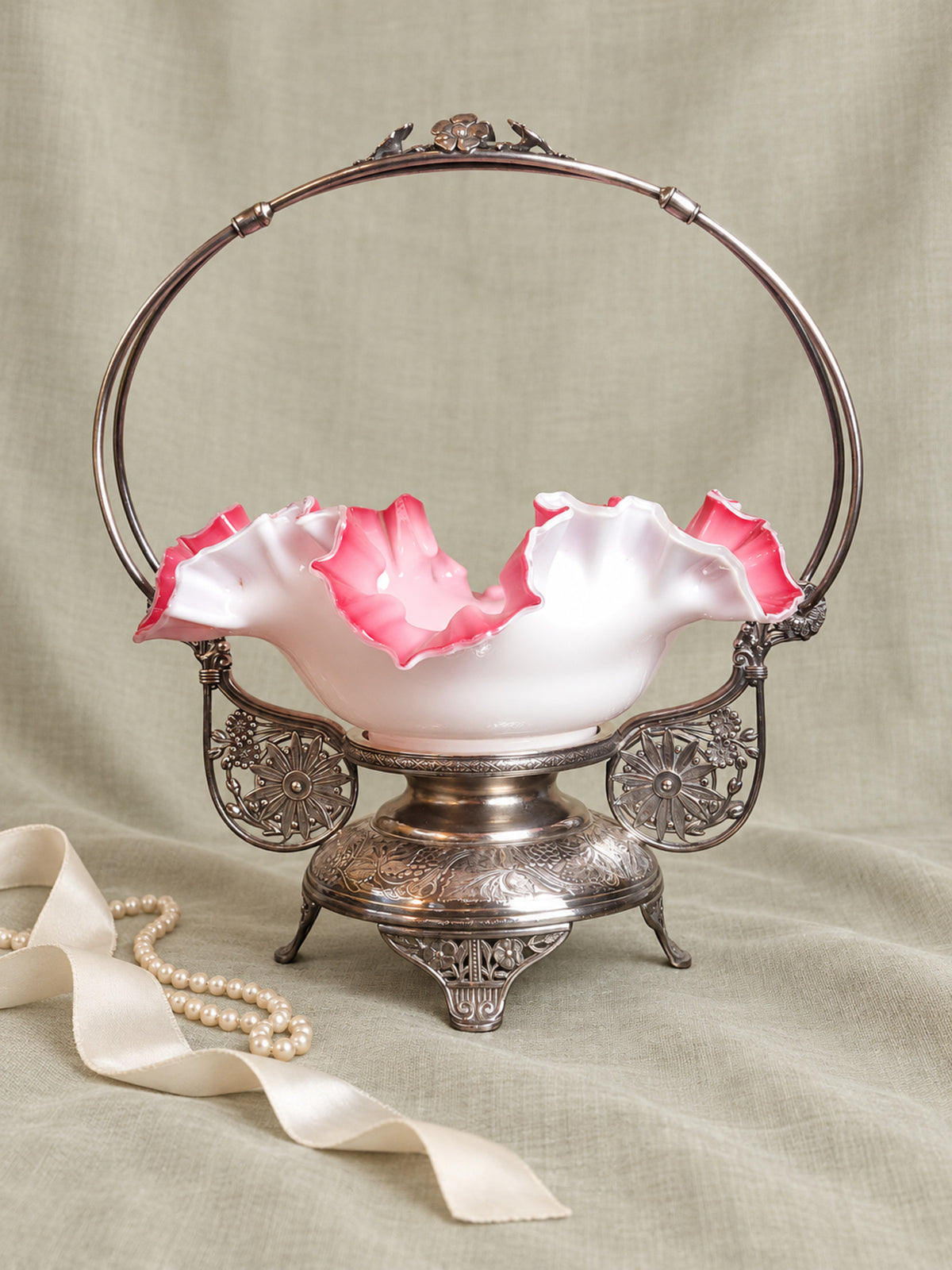 Victorian Pink & White Ruffled Art Glass Bridal Basket with Pairpoint Silver-Plated Stand