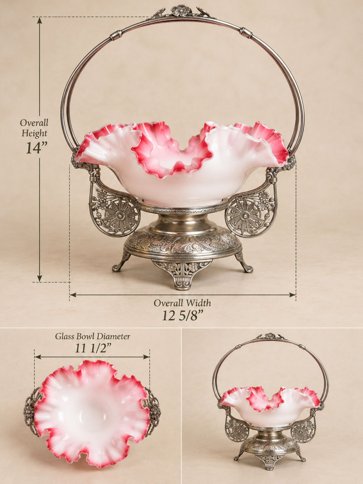 Victorian Pink & White Ruffled Art Glass Bridal Basket with Pairpoint Silver-Plated Stand