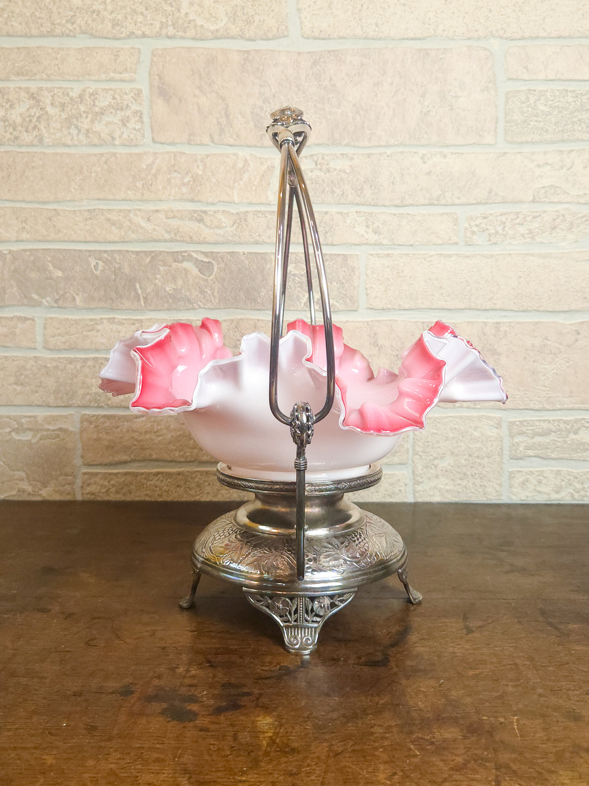 Victorian Pink & White Ruffled Art Glass Bridal Basket with Pairpoint Silver-Plated Stand