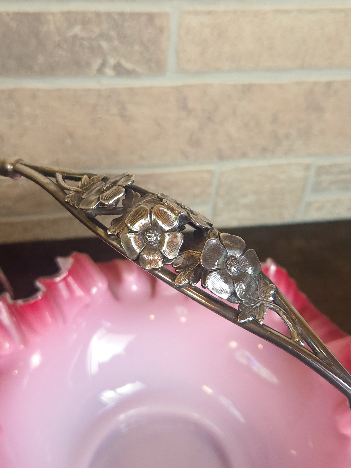 Victorian Pink & White Ruffled Art Glass Bridal Basket with Pairpoint Silver-Plated Stand