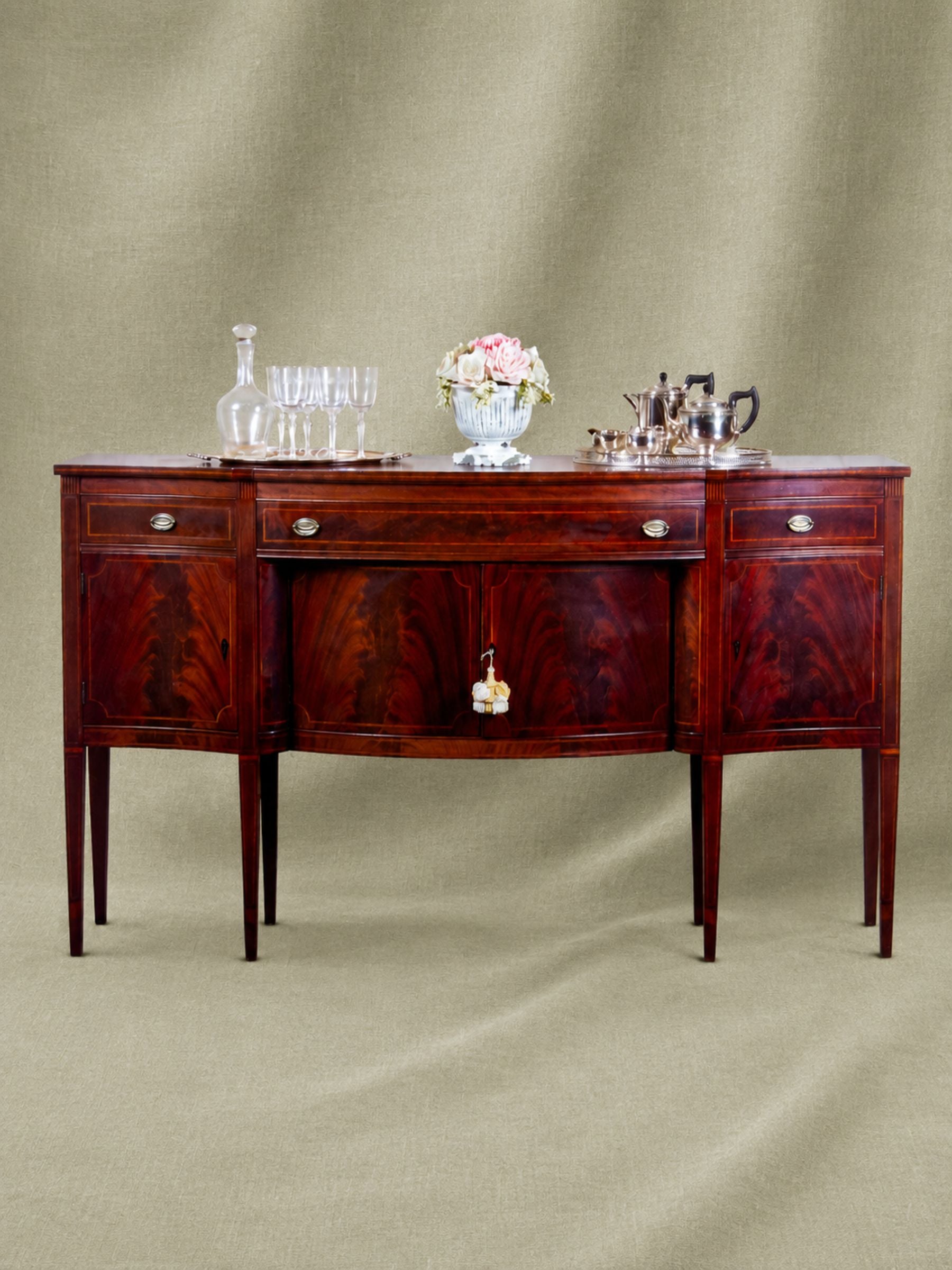 Large Antique Federal Style Inlaid Flame Mahogany Sideboard, Williams-Kimp, Grand Rapids, MI.