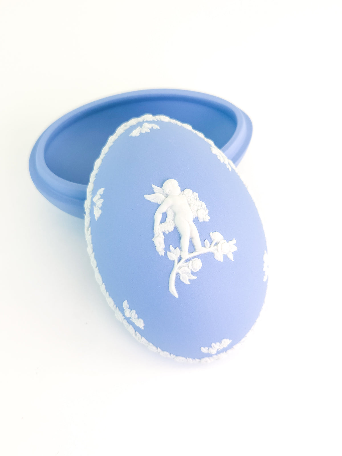 Wedgwood Blue Jasperware Egg-Shaped Trinket Box with Cherub Decoration