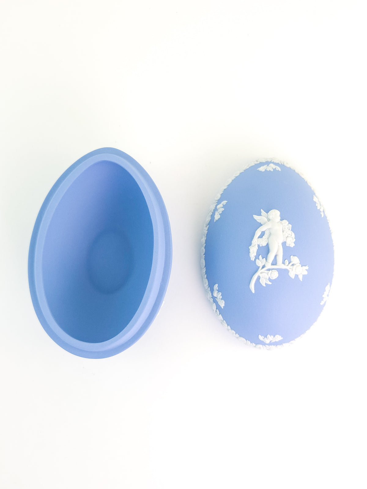 Wedgwood Blue Jasperware Egg-Shaped Trinket Box with Cherub Decoration