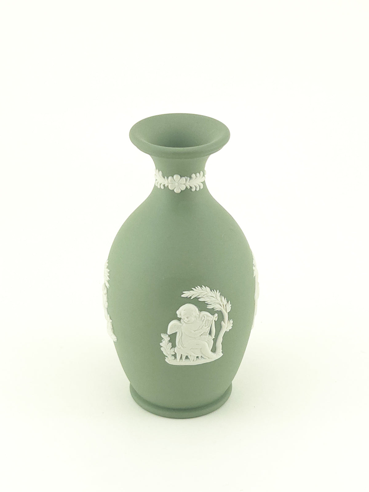 Vintage Wedgwood Sage Green Jasperware Bud Vase with Classical White Relief Decoration