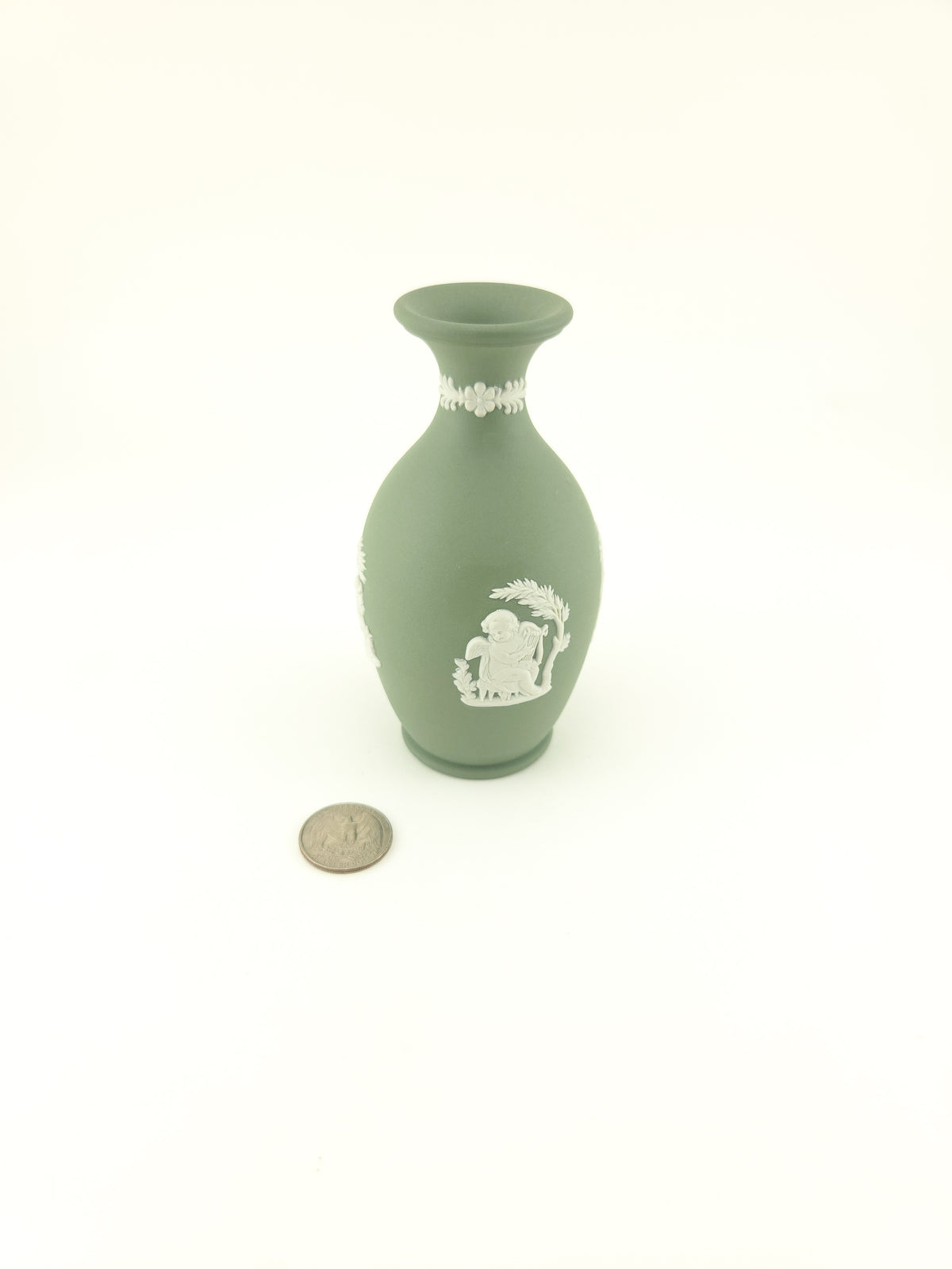 Vintage Wedgwood Sage Green Jasperware Bud Vase with Classical White Relief Decoration