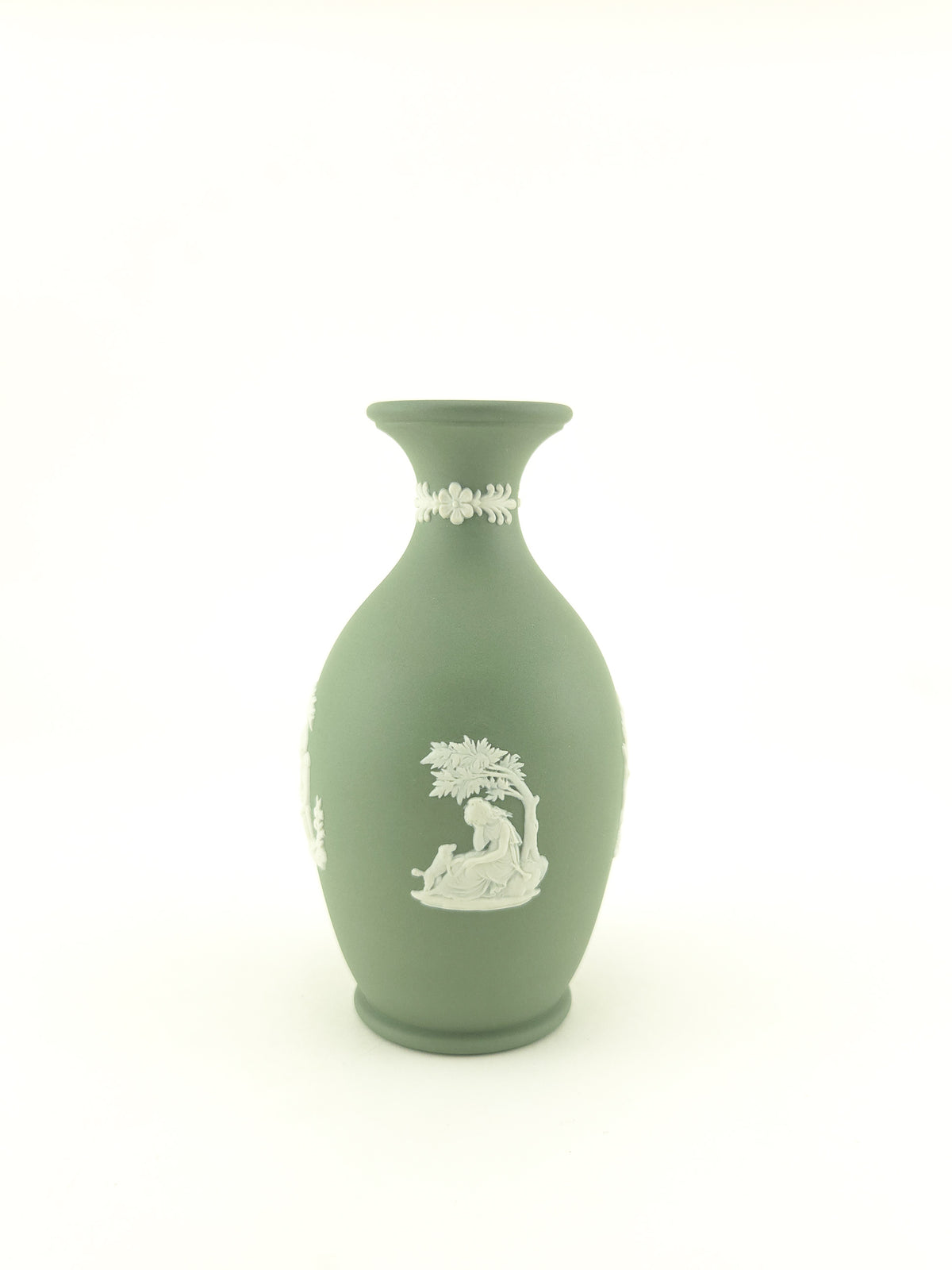 Vintage Wedgwood Sage Green Jasperware Bud Vase with Classical White Relief Decoration