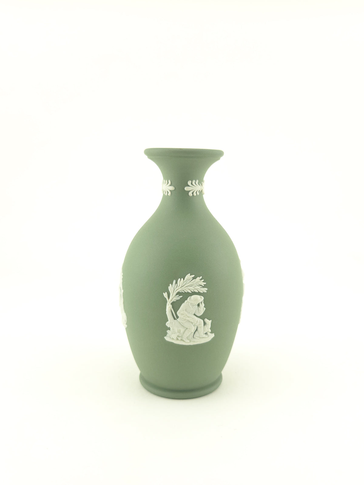Vintage Wedgwood Sage Green Jasperware Bud Vase with Classical White Relief Decoration