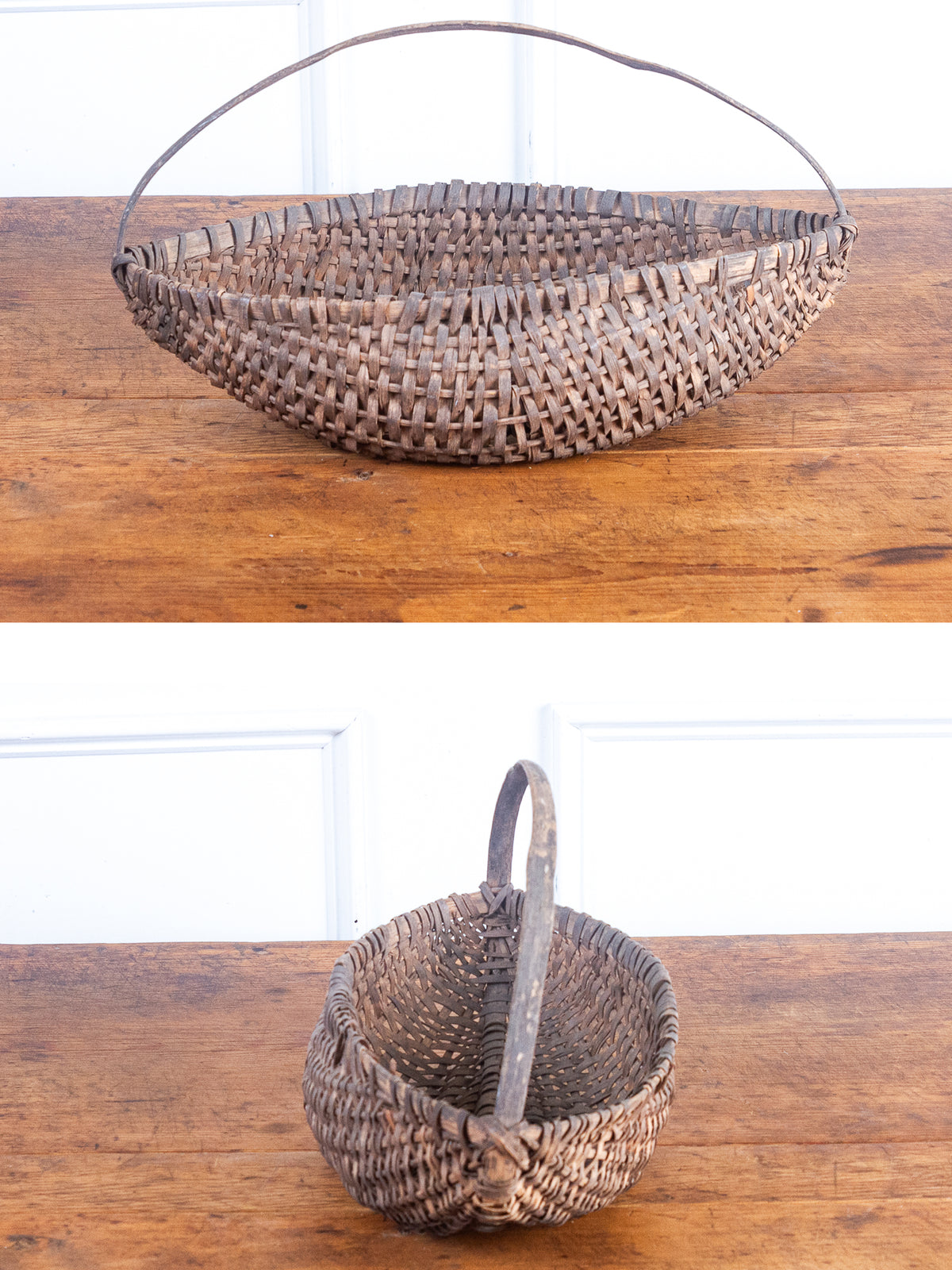Antique Primitive Hand-Woven Splint Gathering Basket with Bentwood Handle – Canoe-Shaped Buttocks Basket
