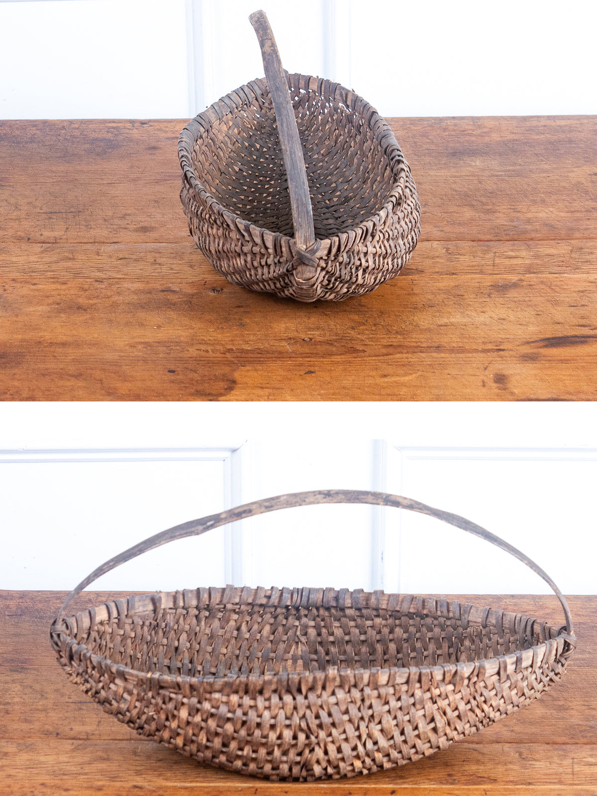 Antique Primitive Hand-Woven Splint Gathering Basket with Bentwood Handle – Canoe-Shaped Buttocks Basket