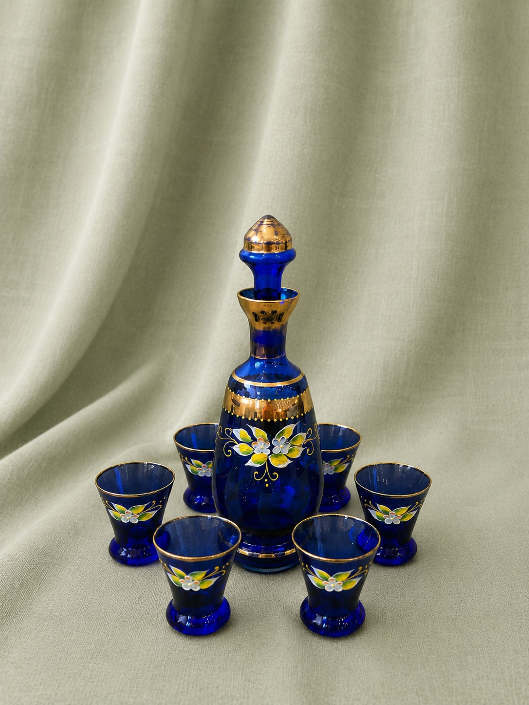 Vintage Venetian Style Cobalt Blue Glass Decanter & Six Shot Glasses
