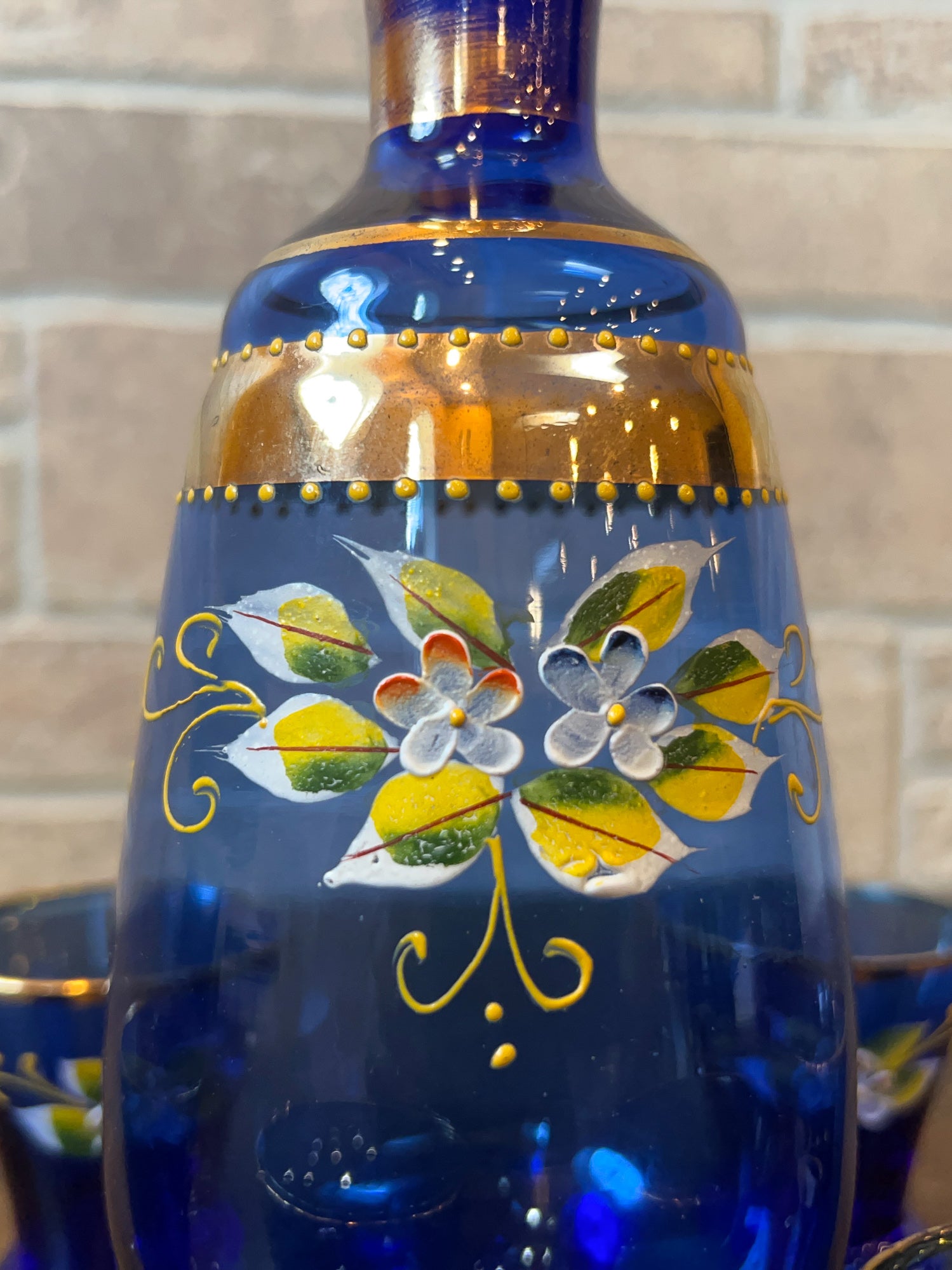 Vintage Venetian Style Cobalt Blue Glass Decanter & Six Shot Glasses