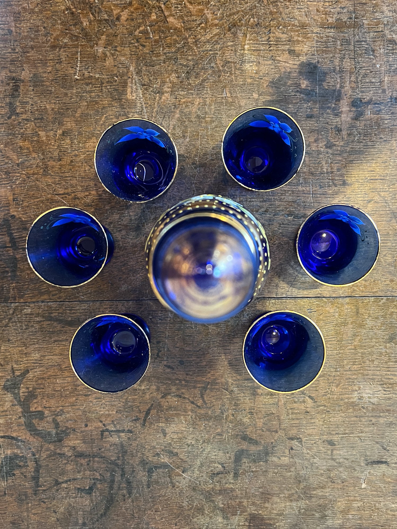 Vintage Venetian Style Cobalt Blue Glass Decanter & Six Shot Glasses