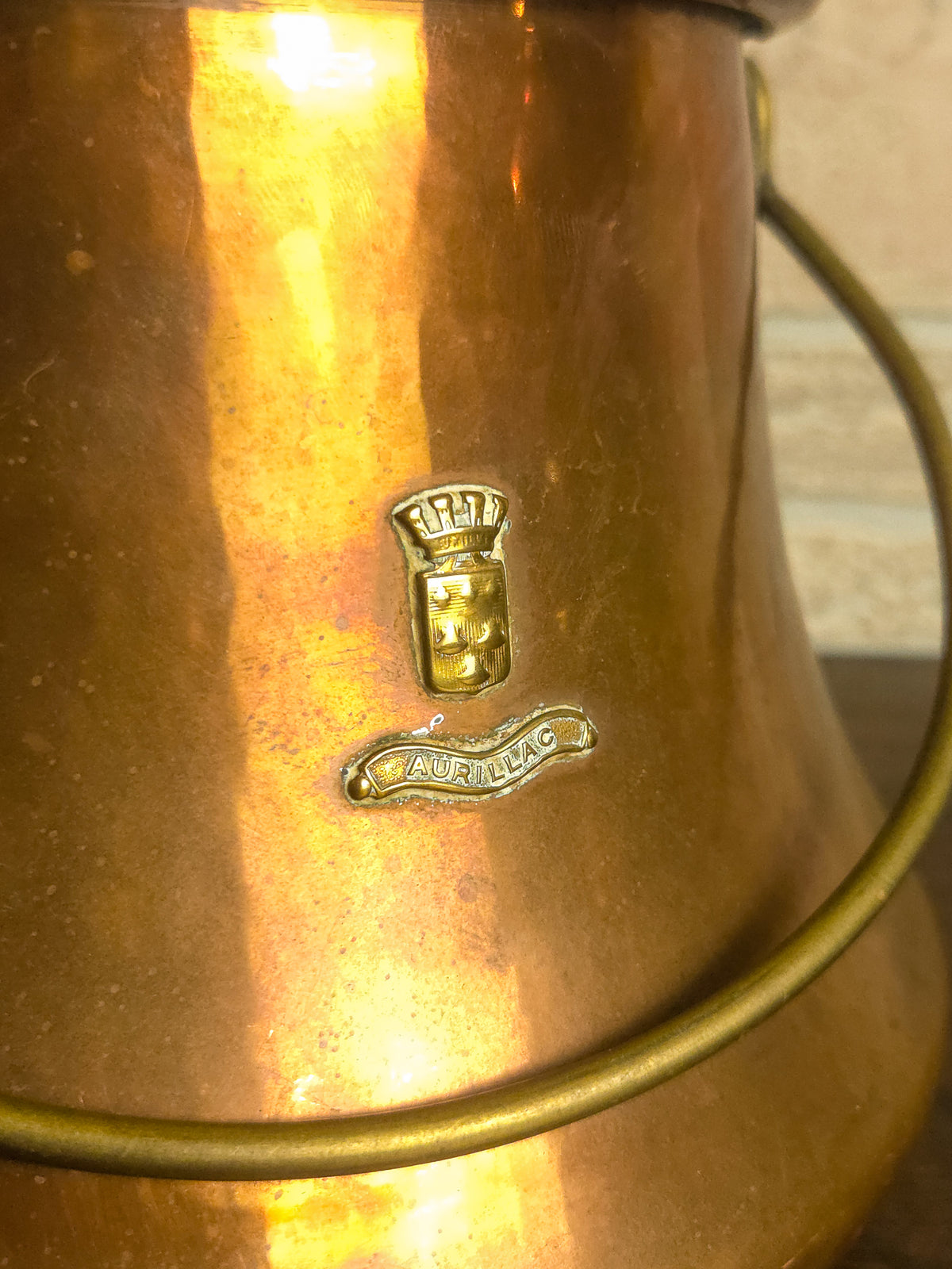 Antique French Aurillac Copper Cauldron with Brass Handle