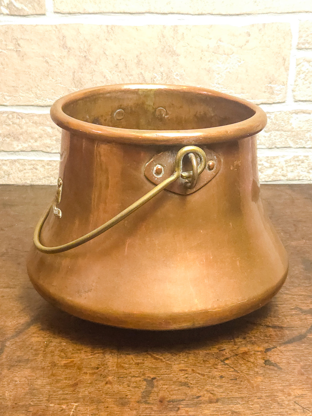 Antique French Aurillac Copper Cauldron with Brass Handle