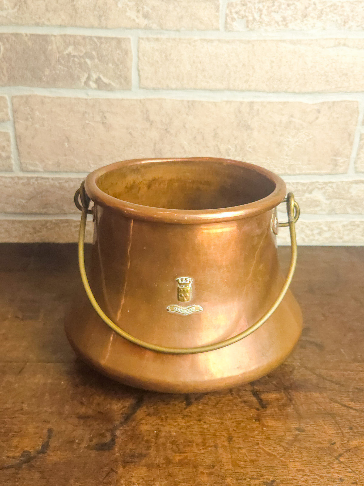 Antique French Aurillac Copper Cauldron with Brass Handle