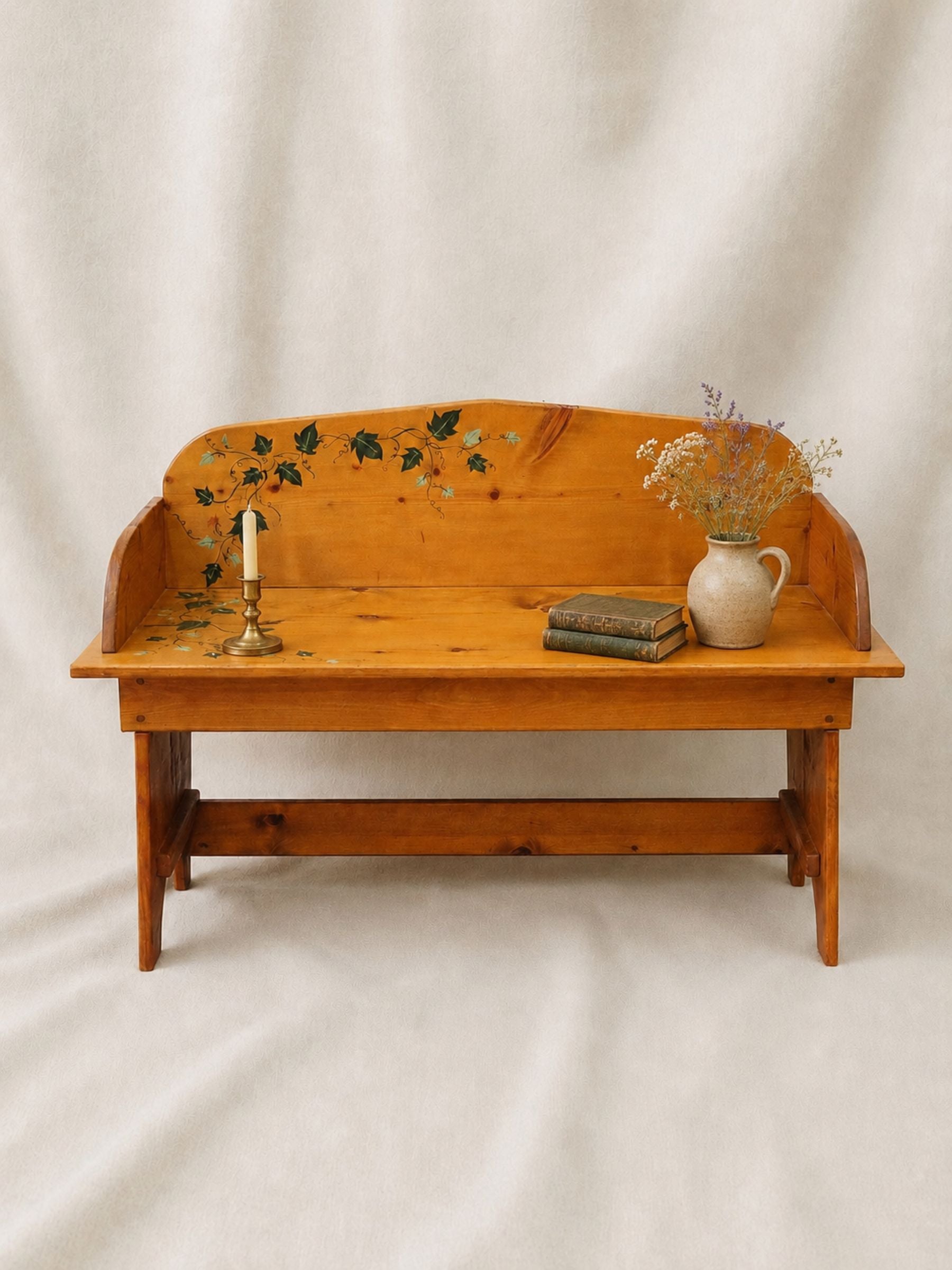 English Country Cottage Pine Bench, Handpainted.