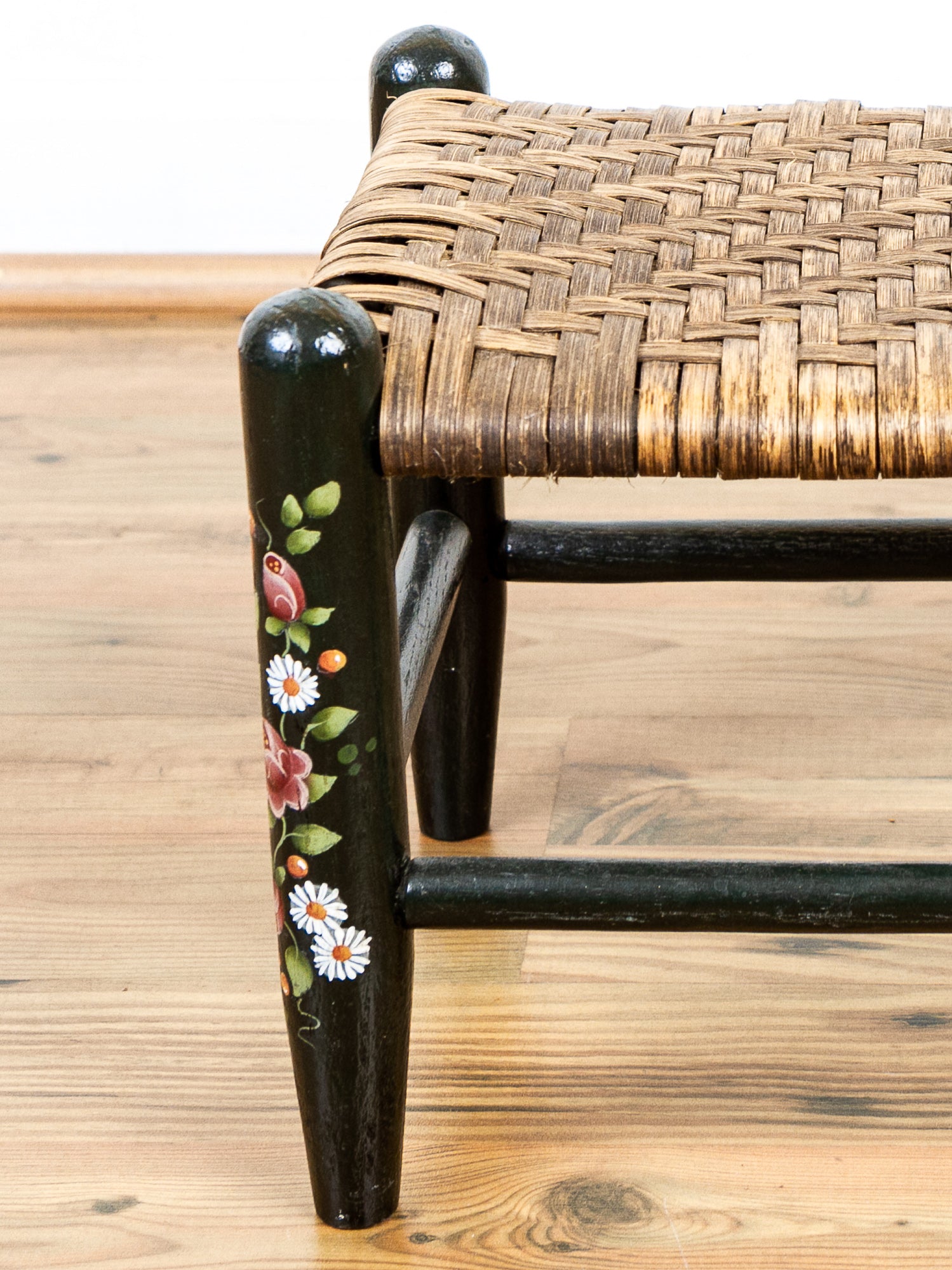Hand-Painted Country Wooden Footstool with Woven Reed Seat