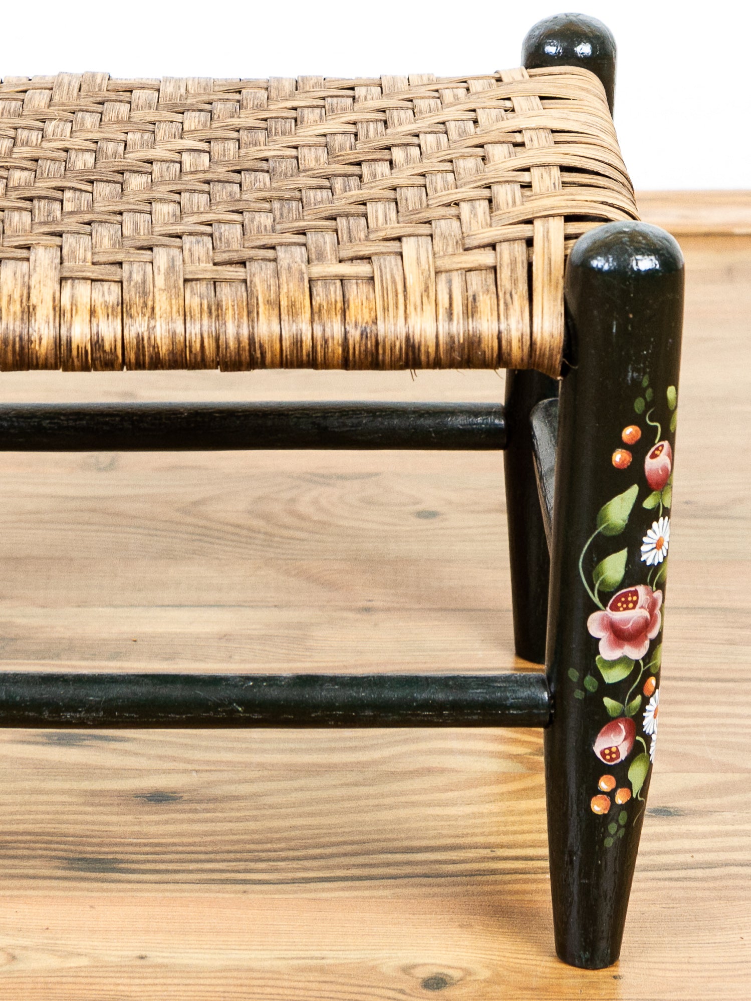 Hand-Painted Country Wooden Footstool with Woven Reed Seat
