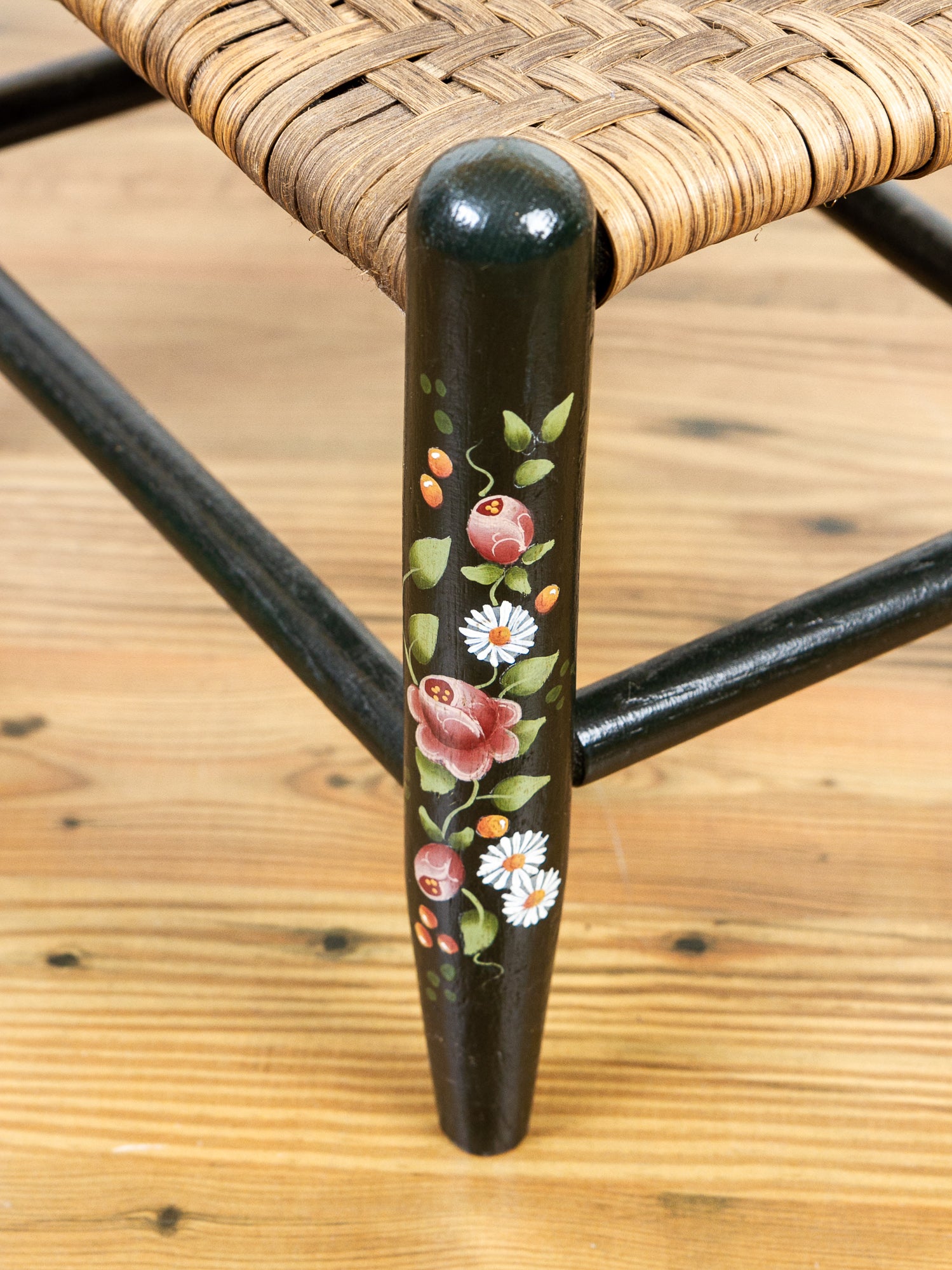 Hand-Painted Country Wooden Footstool with Woven Reed Seat