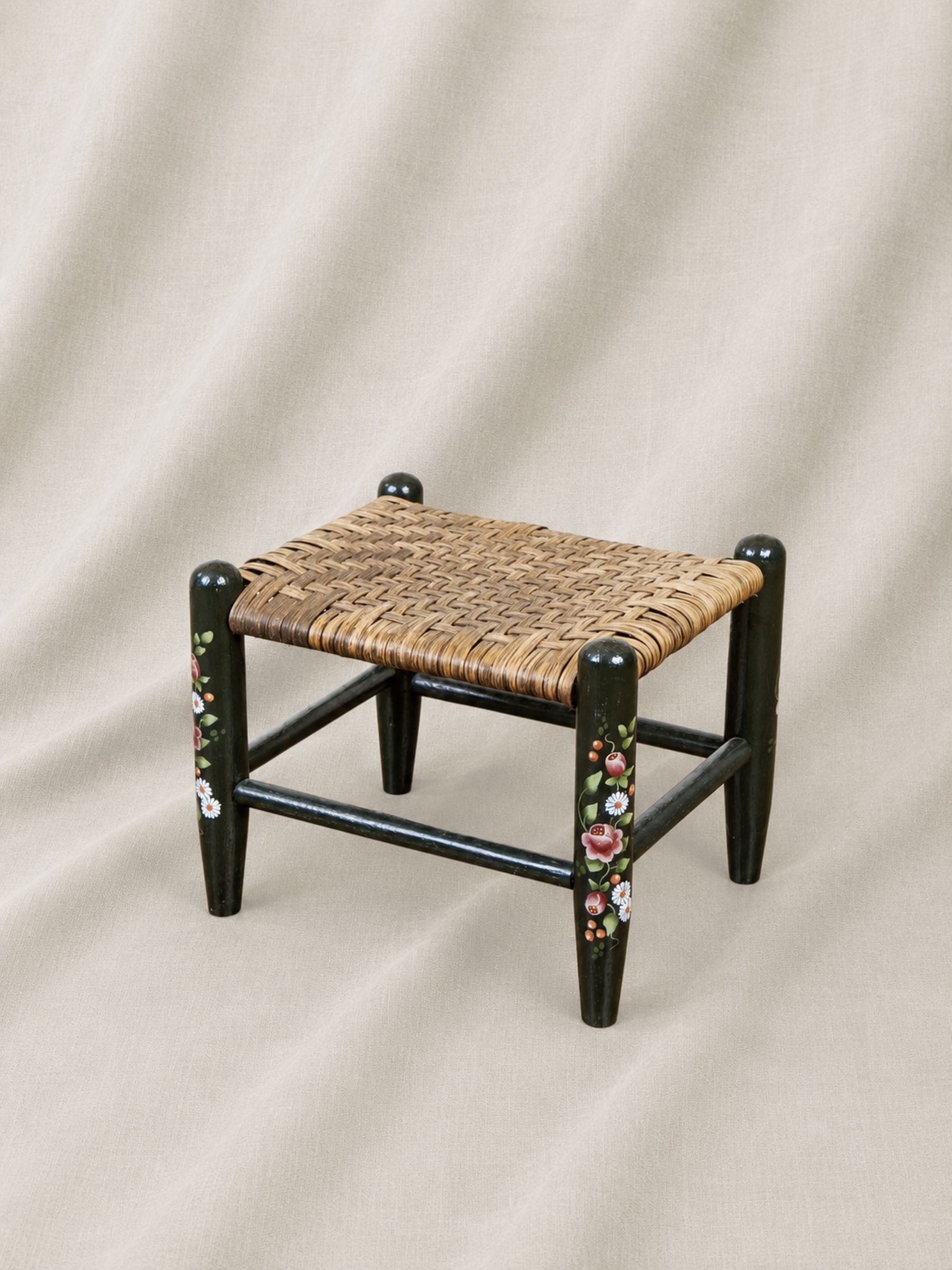 Hand-Painted Country Wooden Footstool with Woven Reed Seat